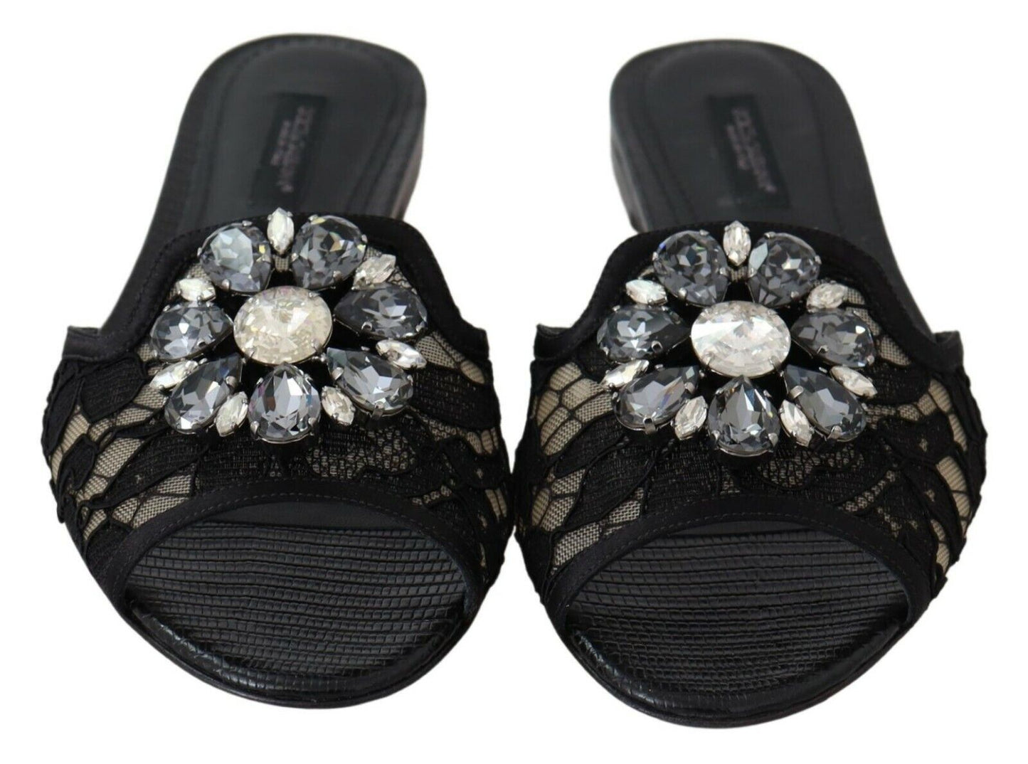 Dolce & Gabbana Elegantes mulas de encaje negro con detalle de flor joya