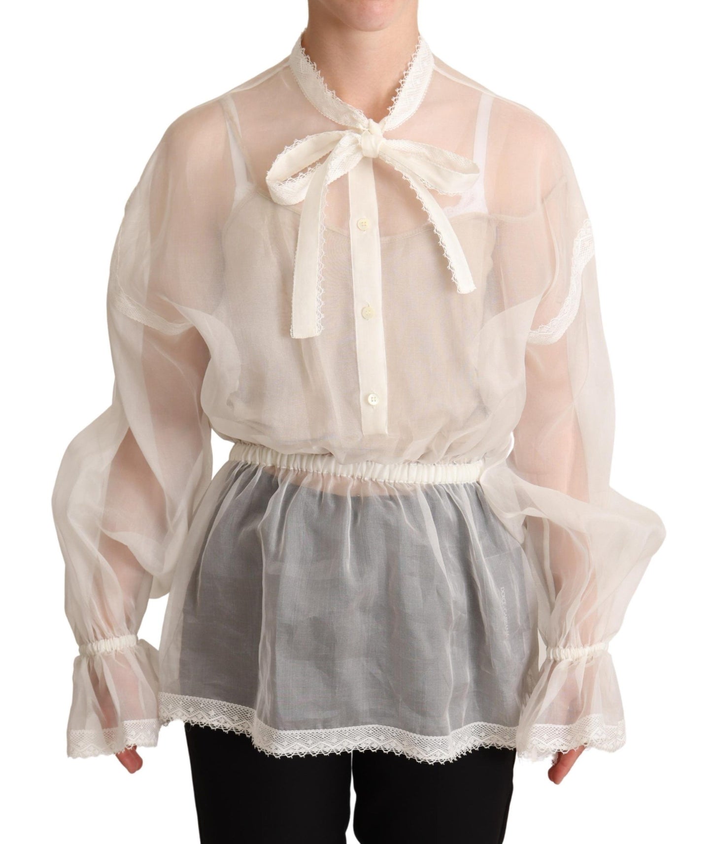Dolce & Gabbana Elegante blusa Ascot de algodón y seda blanca