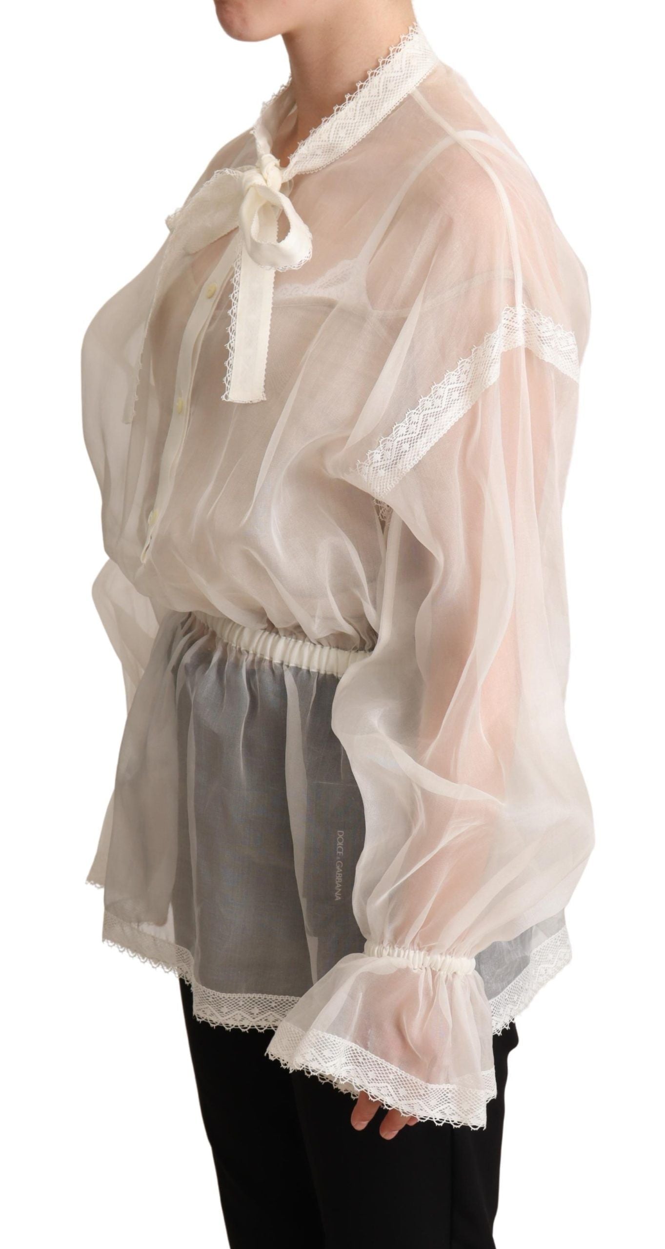 Dolce & Gabbana Elegante blusa Ascot de algodón y seda blanca