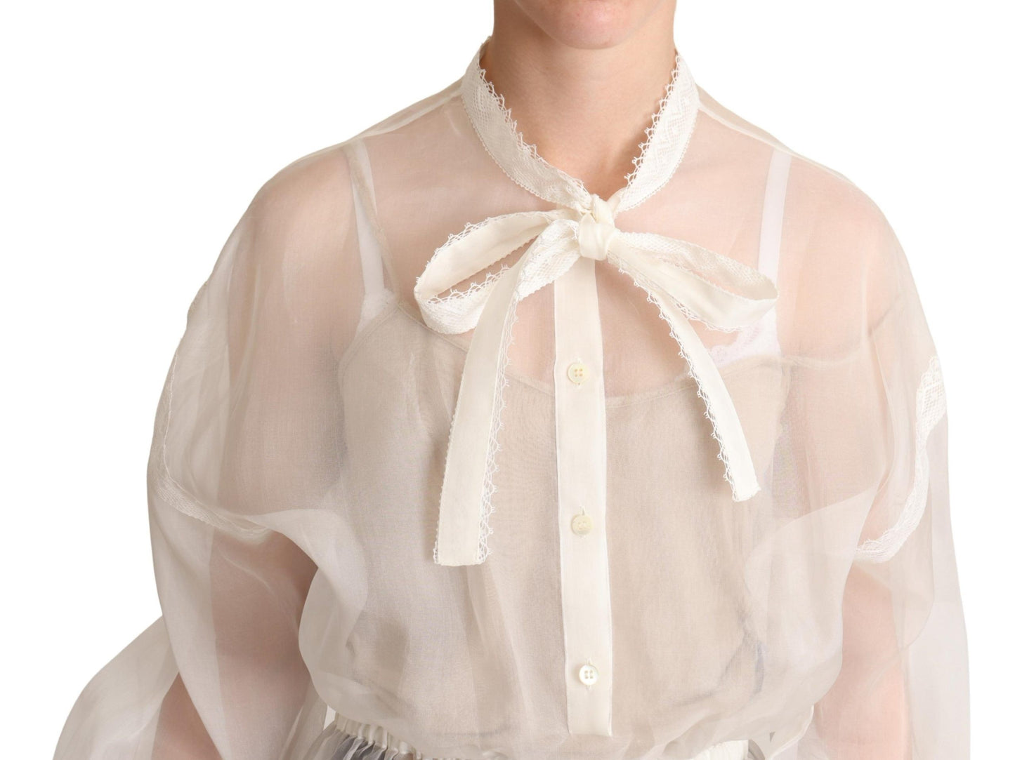 Dolce & Gabbana Elegante blusa Ascot de algodón y seda blanca