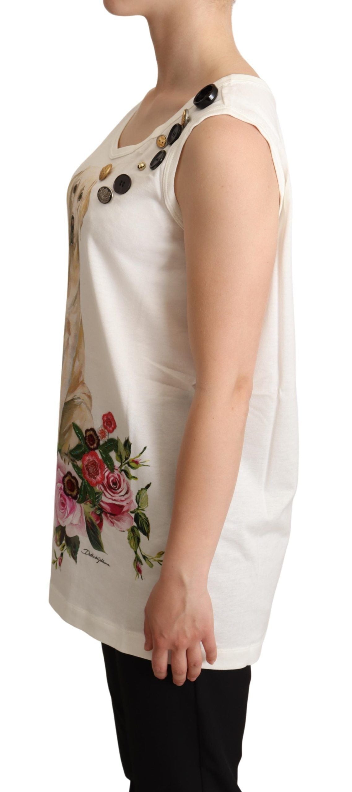 Dolce & Gabbana White Dog Floral Print Embellished T-shirt