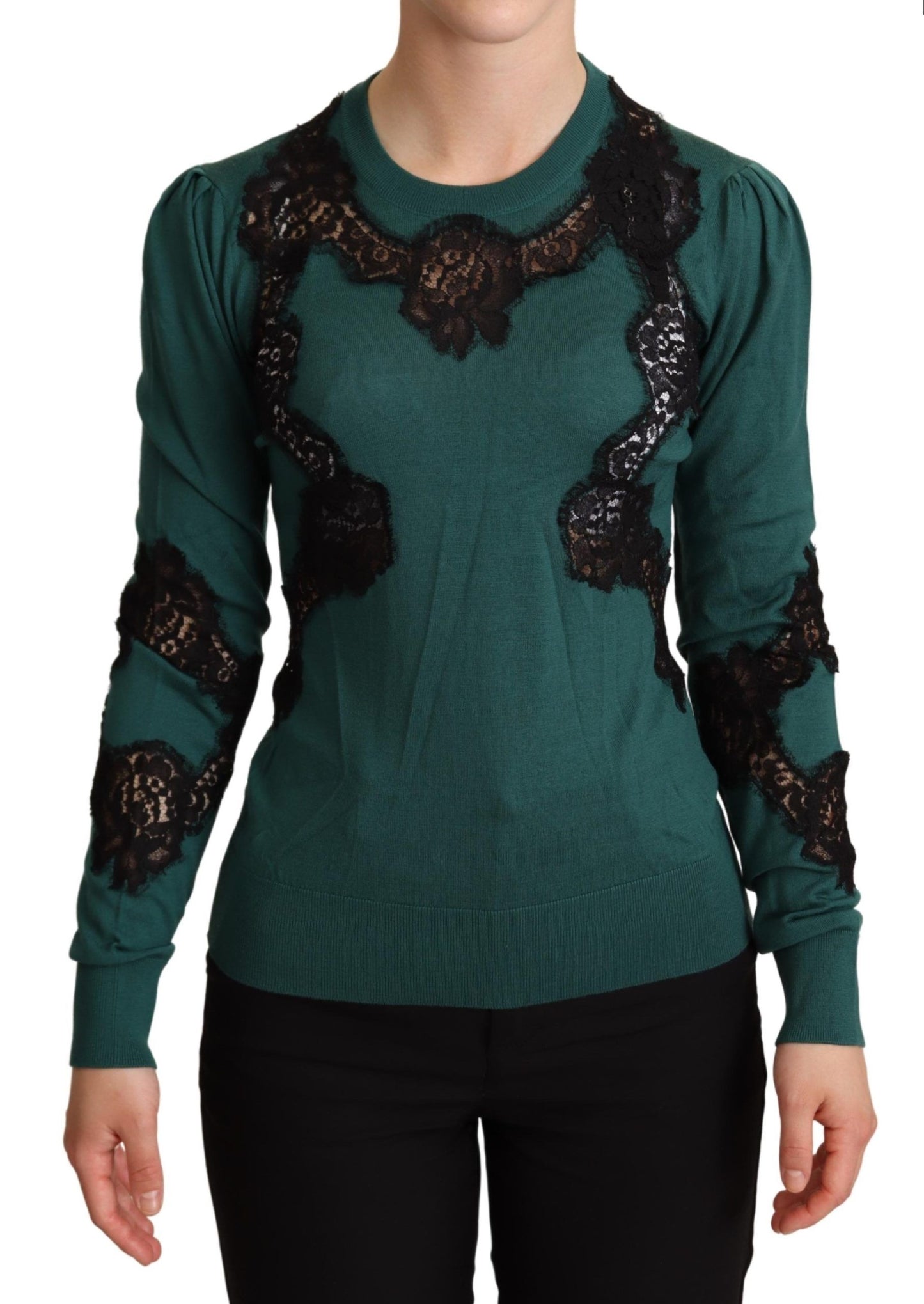 Dolce & Gabbana Elegante jersey verde con detalle de encaje negro