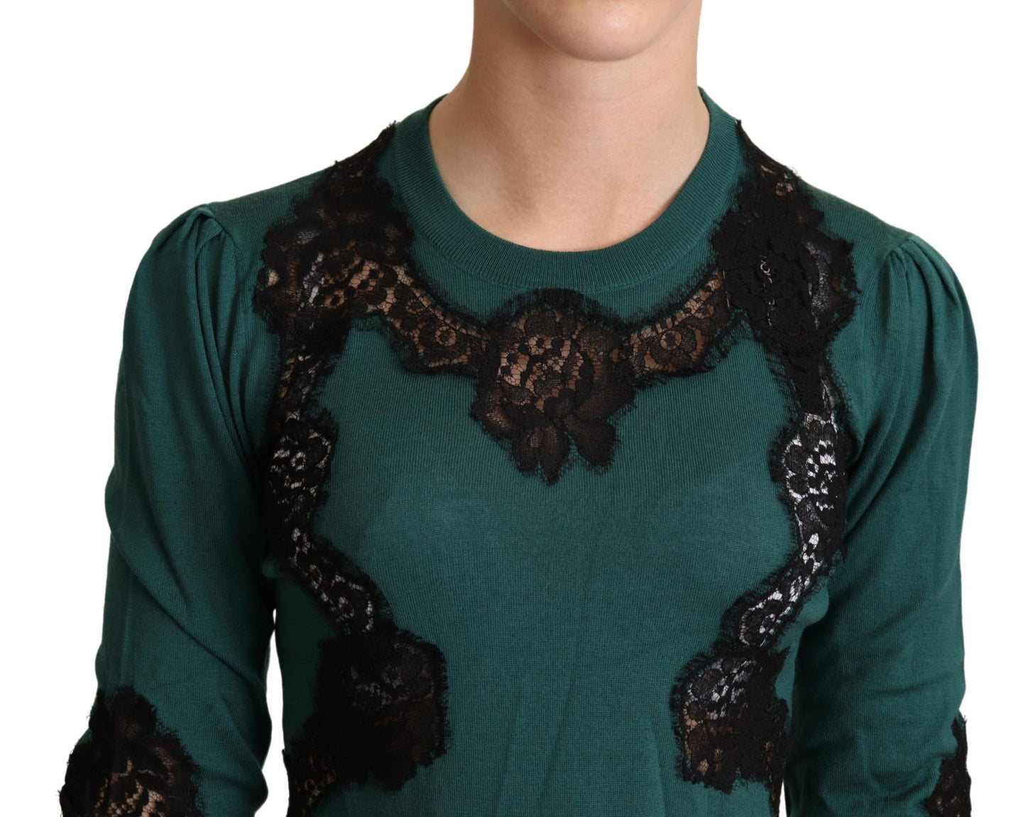 Dolce & Gabbana Elegante jersey verde con detalle de encaje negro