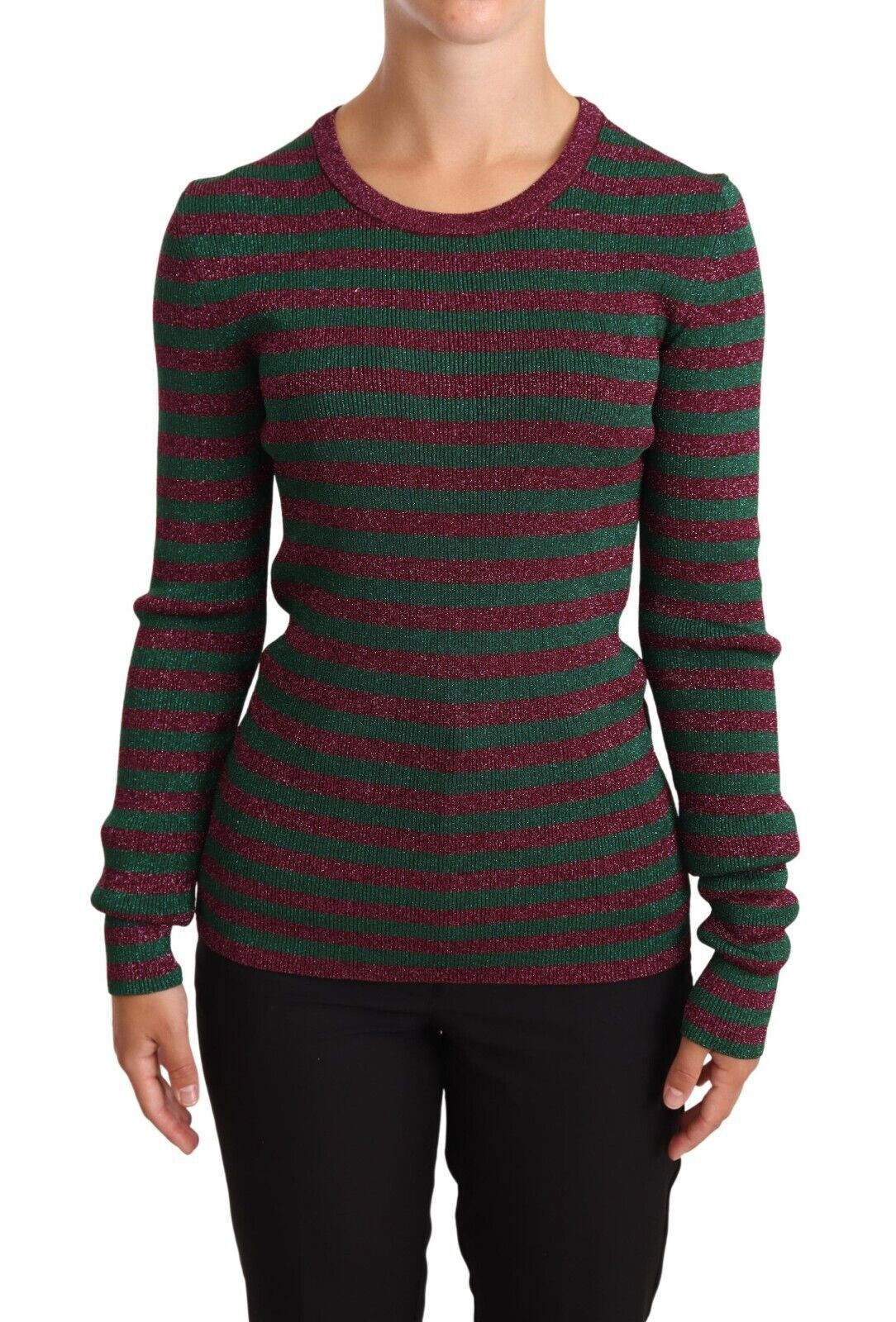 Dolce & Gabbana Elegante suéter con cuello redondo a rayas granate y verde