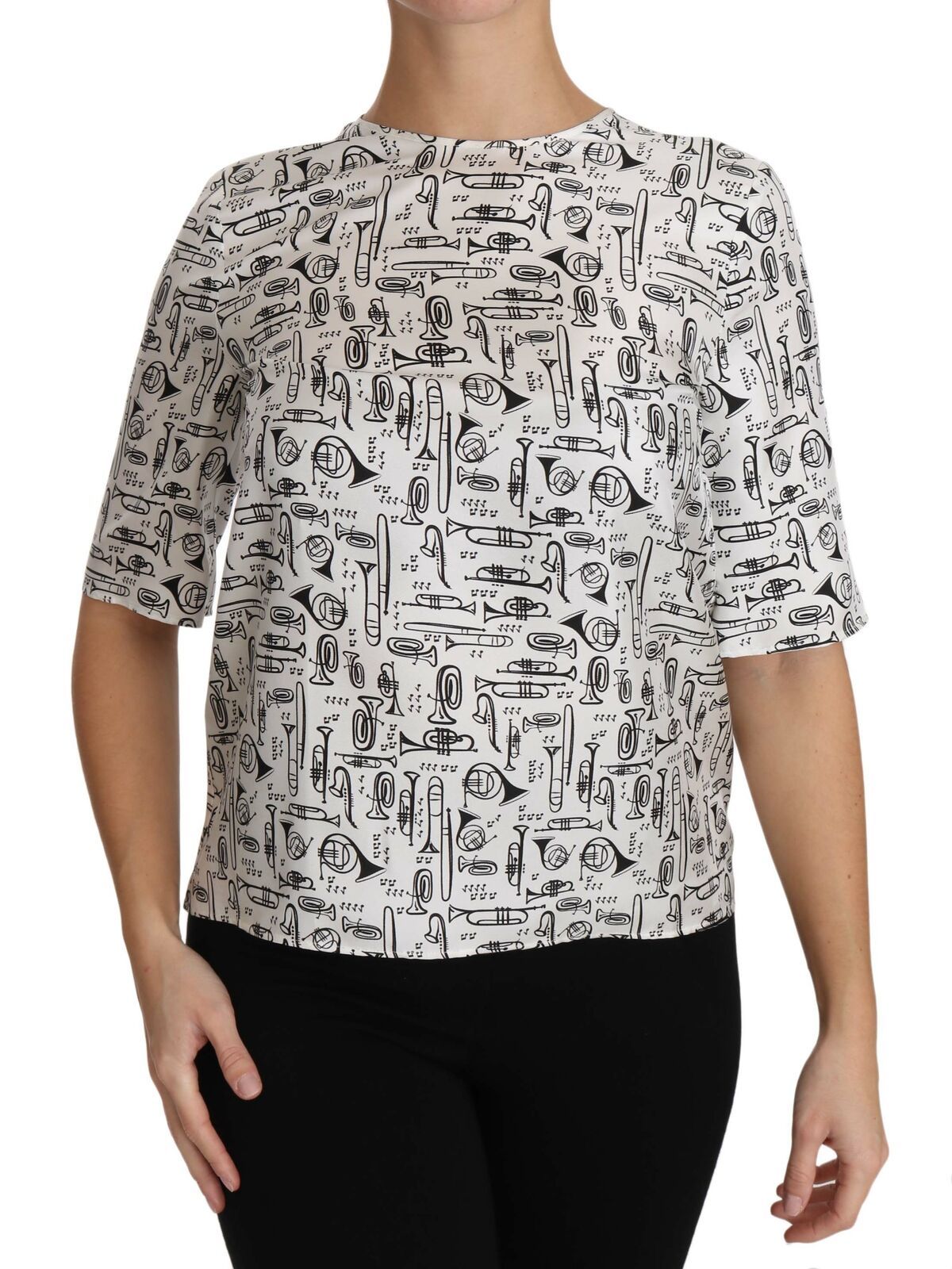 Dolce & Gabbana Top elegante blusa de seda con estampado de trompeta