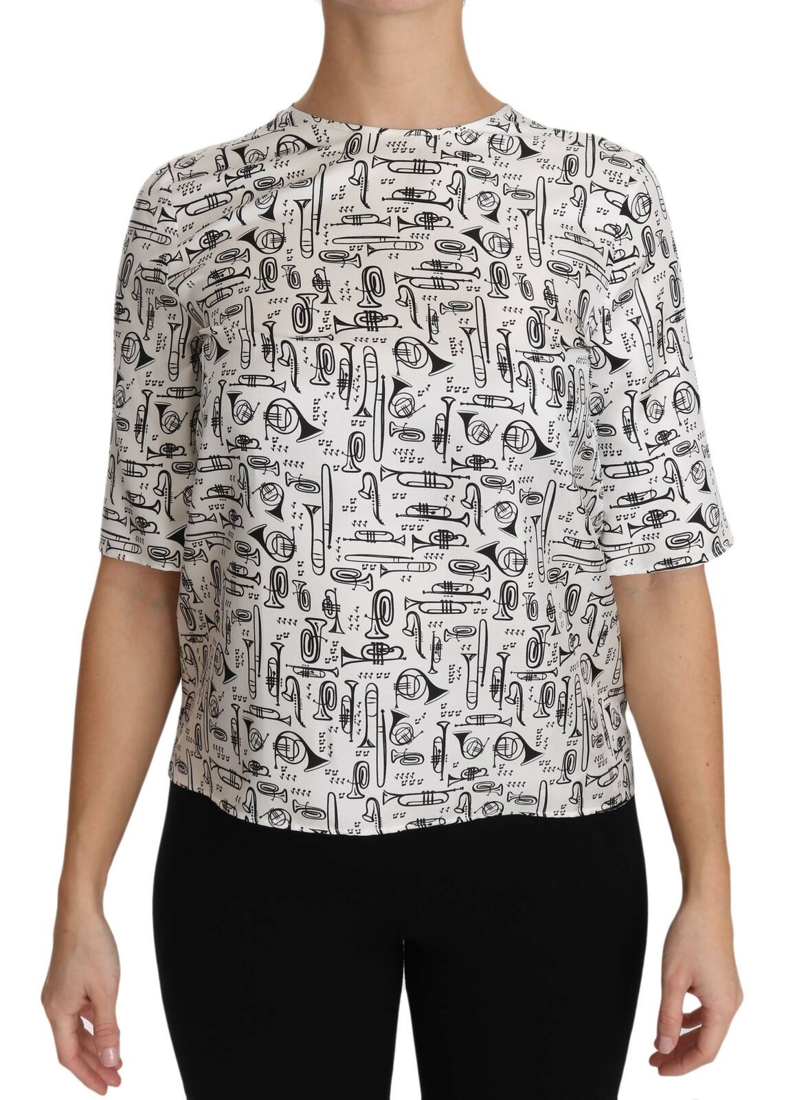 Dolce & Gabbana Top elegante blusa de seda con estampado de trompeta