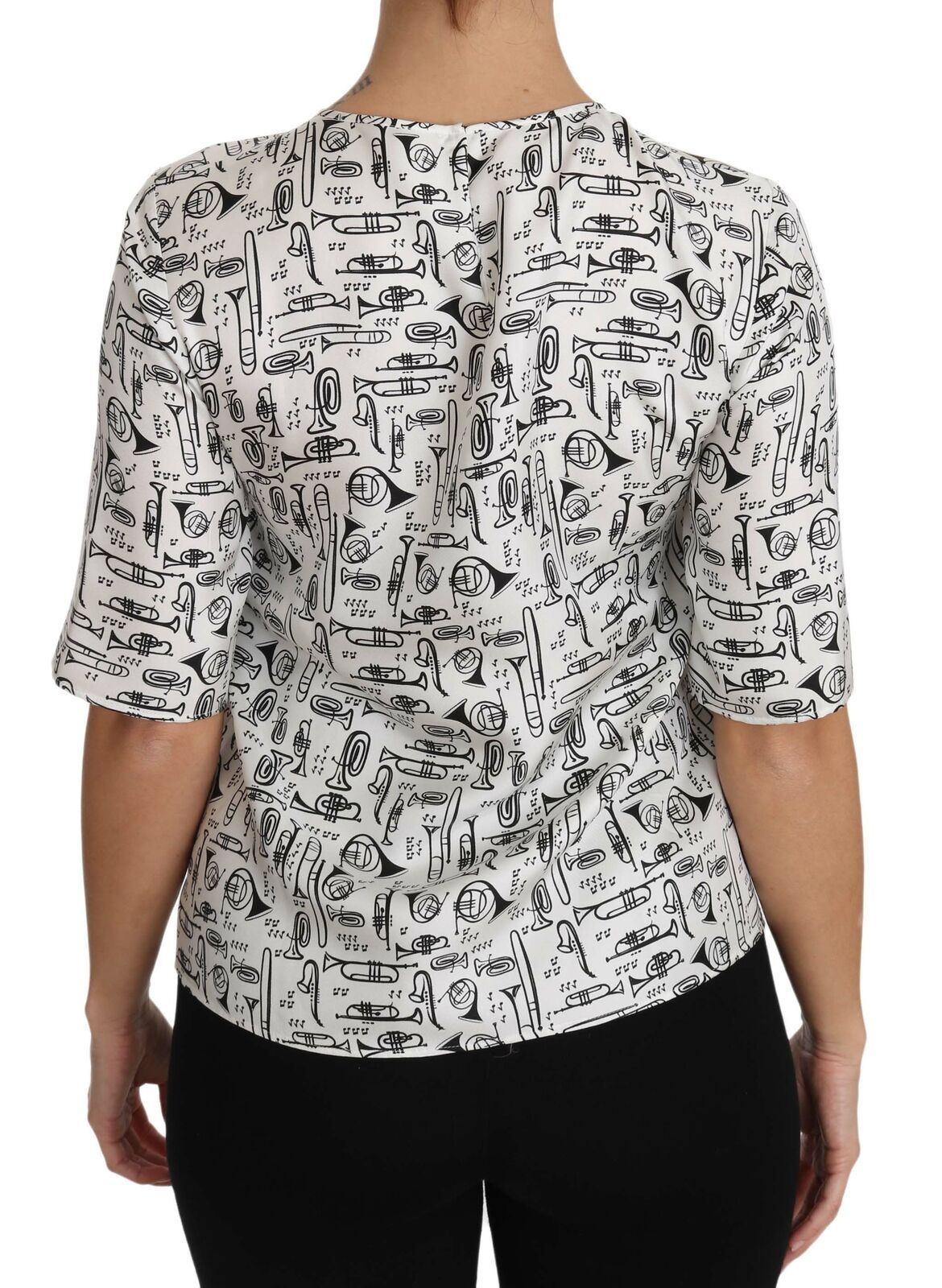 Dolce & Gabbana Top elegante blusa de seda con estampado de trompeta