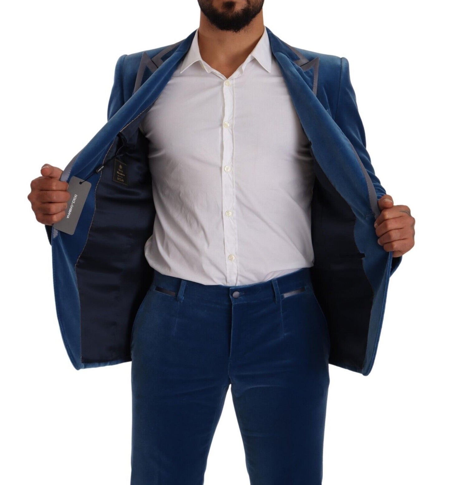 Dolce & Gabbana Elegante traje de corte slim azul de terciopelo