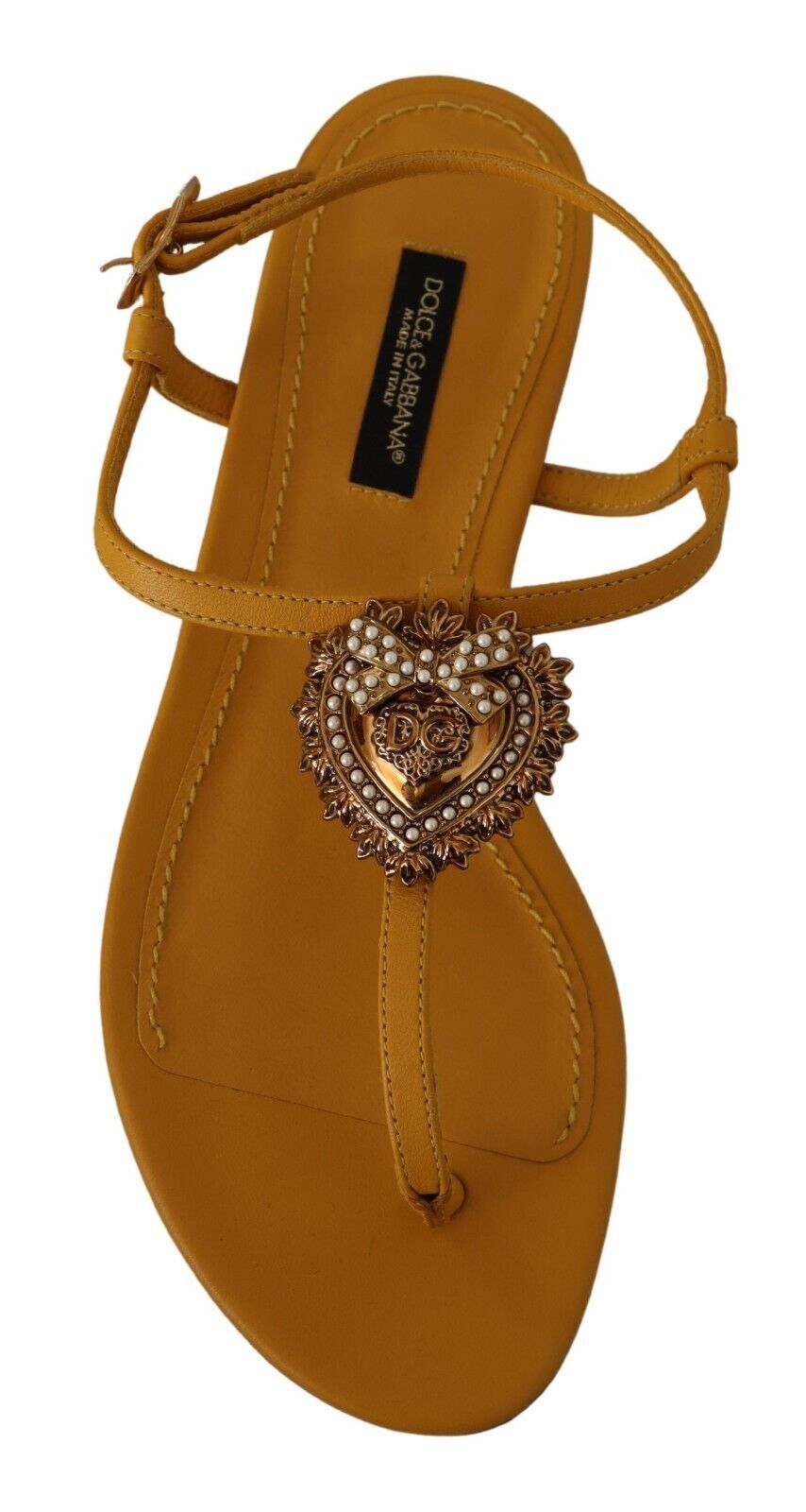 Dolce & Gabbana Sandalias planas con tira en T mostaza y adorno de corazón