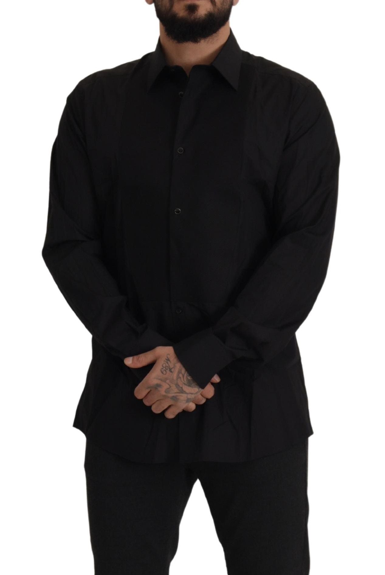 Dolce & Gabbana Elegante camisa de vestir de esmoquin negra - Corte slim