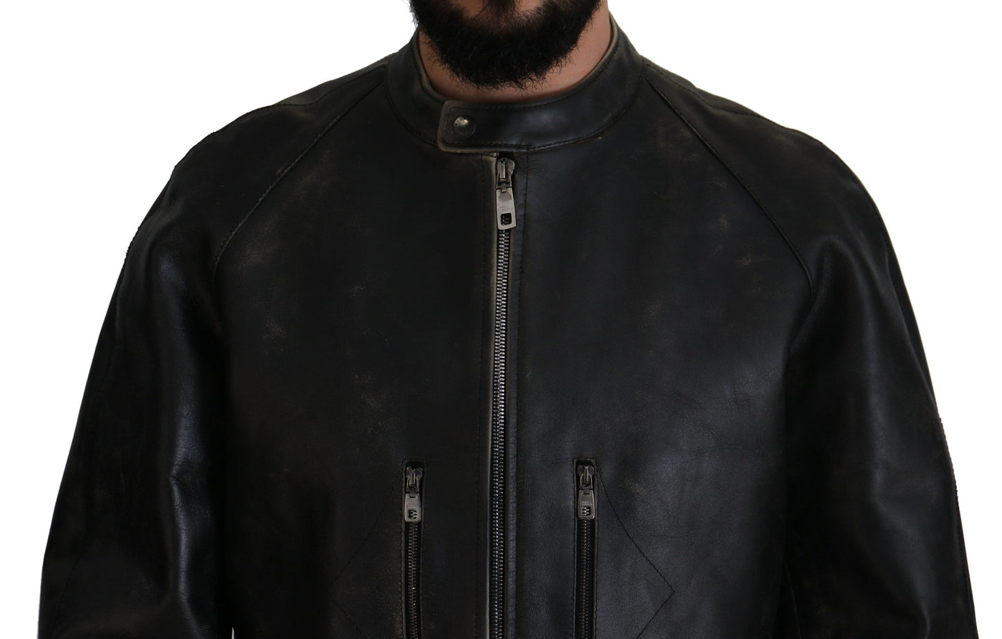 Dolce & Gabbana Elegante chaqueta de cuero negra con detalles plateados