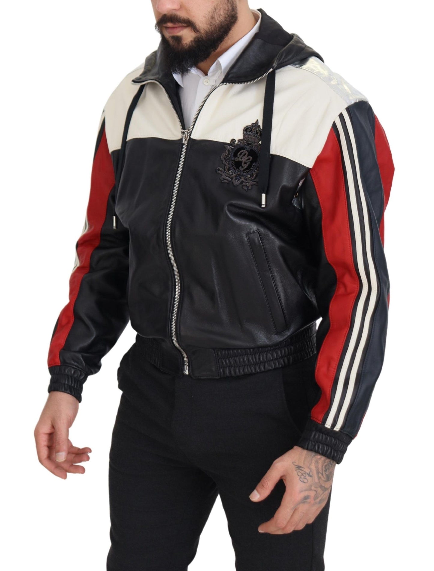 Dolce & Gabbana Chaqueta bomber con capucha de cuero negra Elite