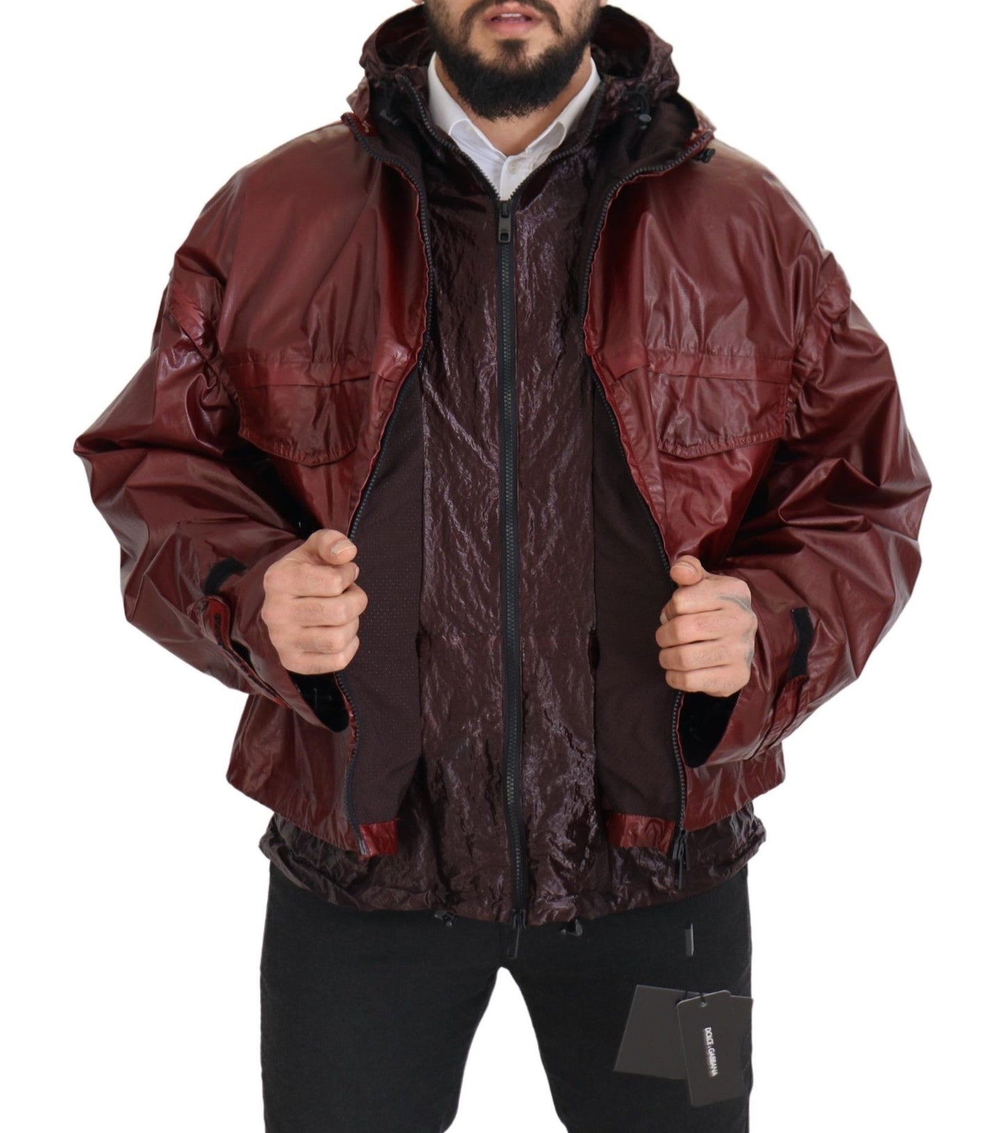 Dolce & Gabbana Elegante chaqueta con capucha y cremallera burdeos