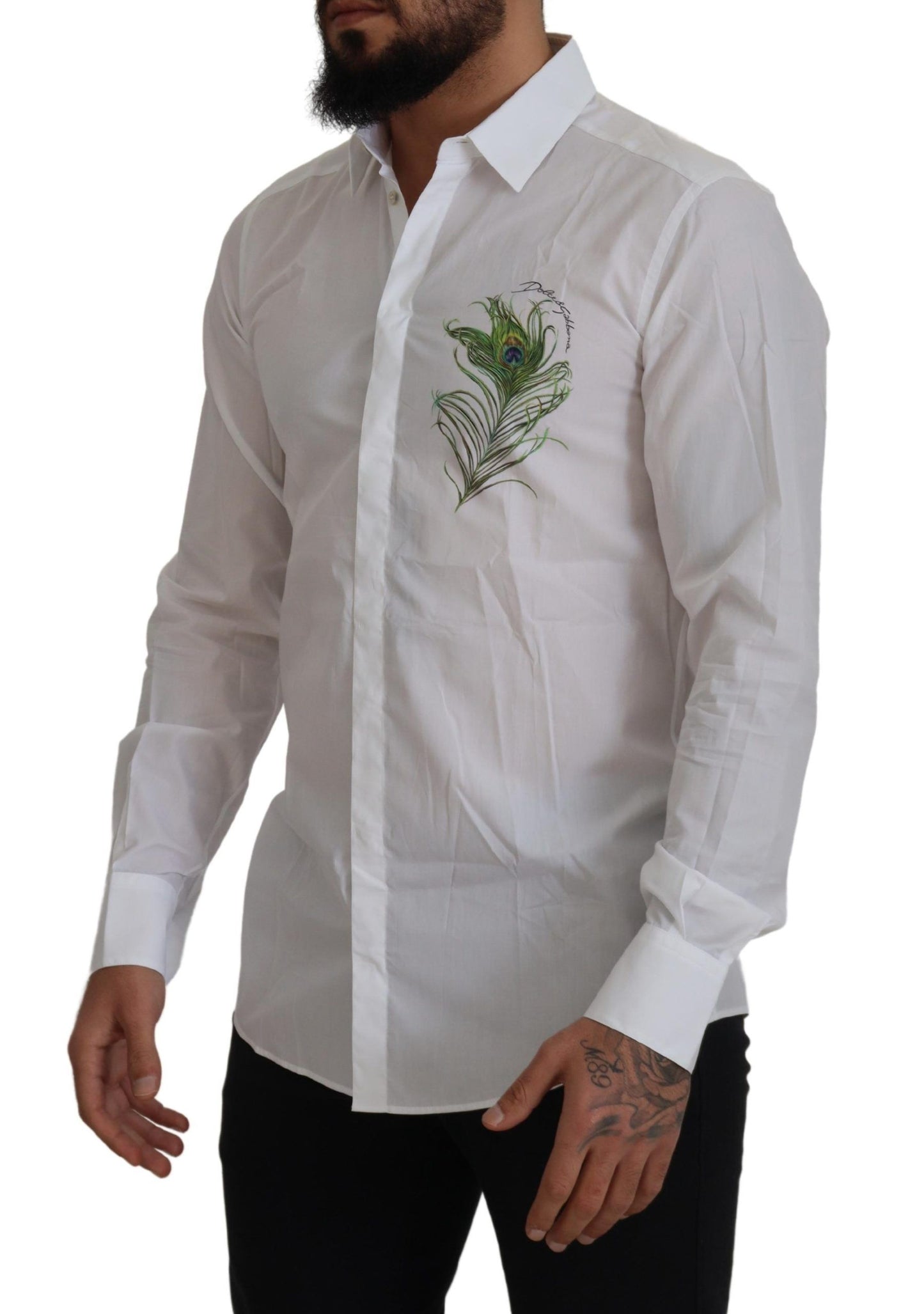 Dolce & Gabbana Elegante camisa de vestir blanca con plumas de pavo real