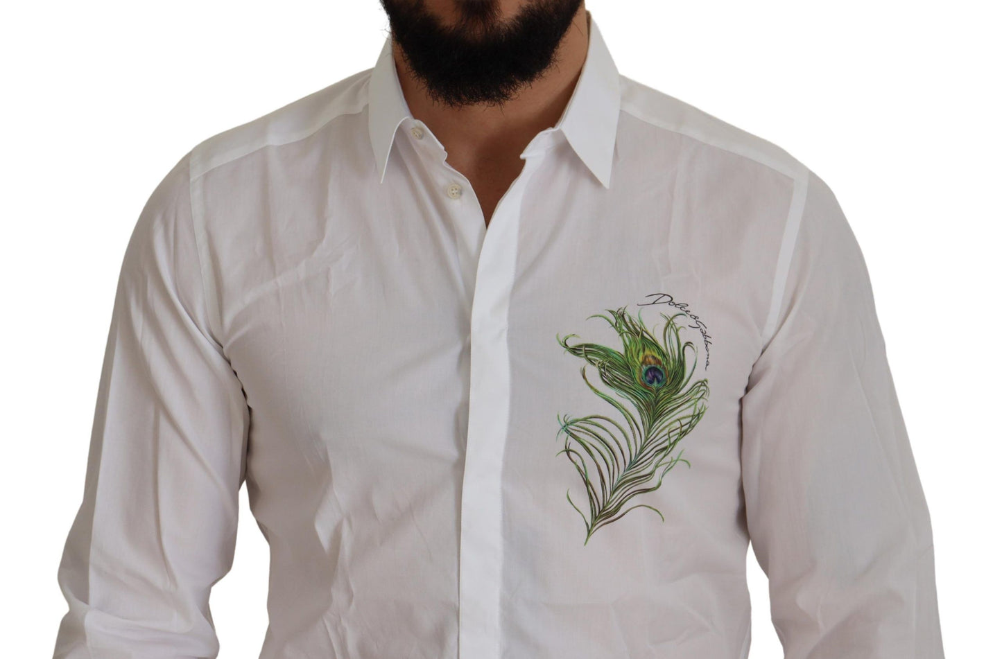 Dolce & Gabbana Elegante camisa de vestir blanca con plumas de pavo real