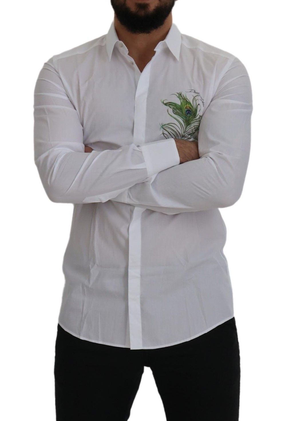 Dolce & Gabbana Elegante camisa de vestir blanca con plumas de pavo real