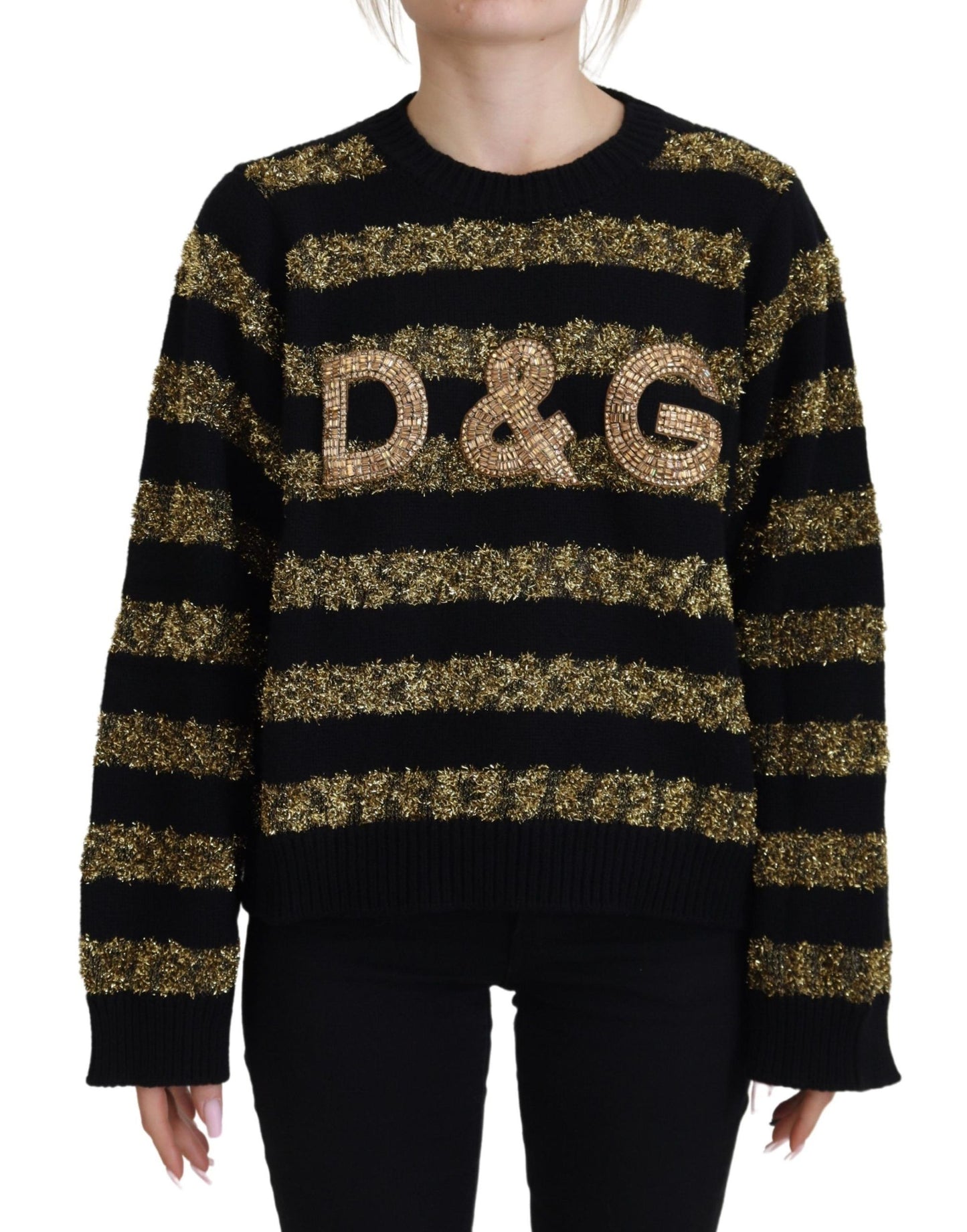 Suéter elegante con cristales negros y dorados de Dolce & Gabbana
