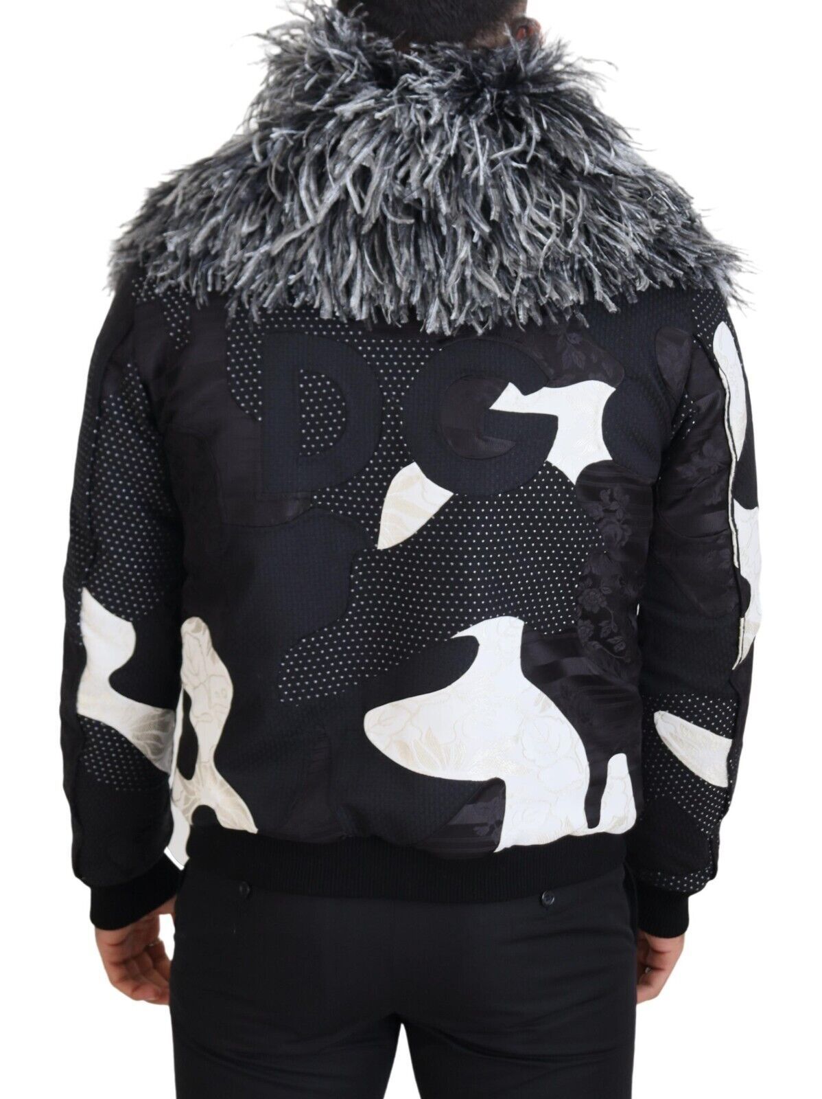 Dolce & Gabbana Elegante chaqueta de piel de oveja con cremallera en blanco y negro