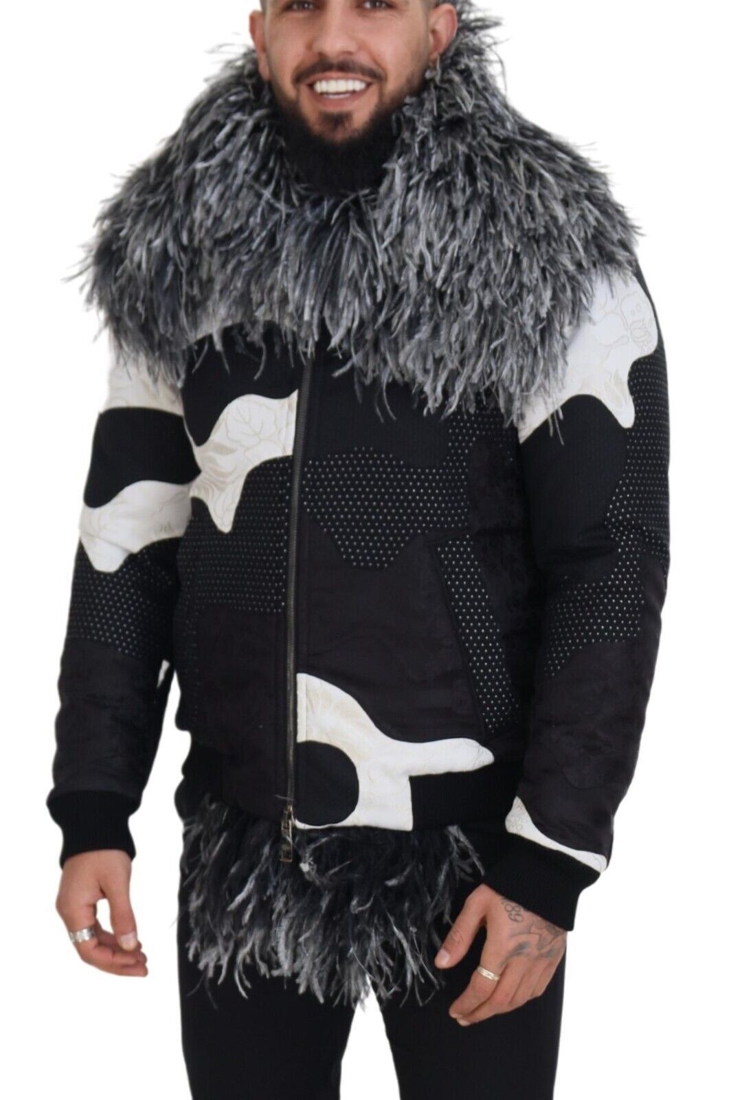 Dolce & Gabbana Elegante chaqueta de piel de oveja con cremallera en blanco y negro