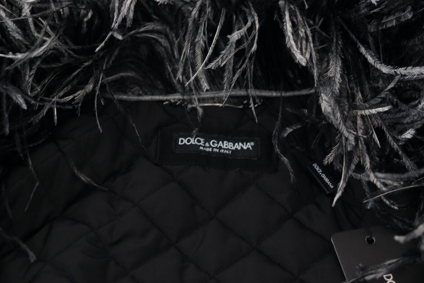 Dolce & Gabbana Elegante chaqueta de piel de oveja con cremallera en blanco y negro