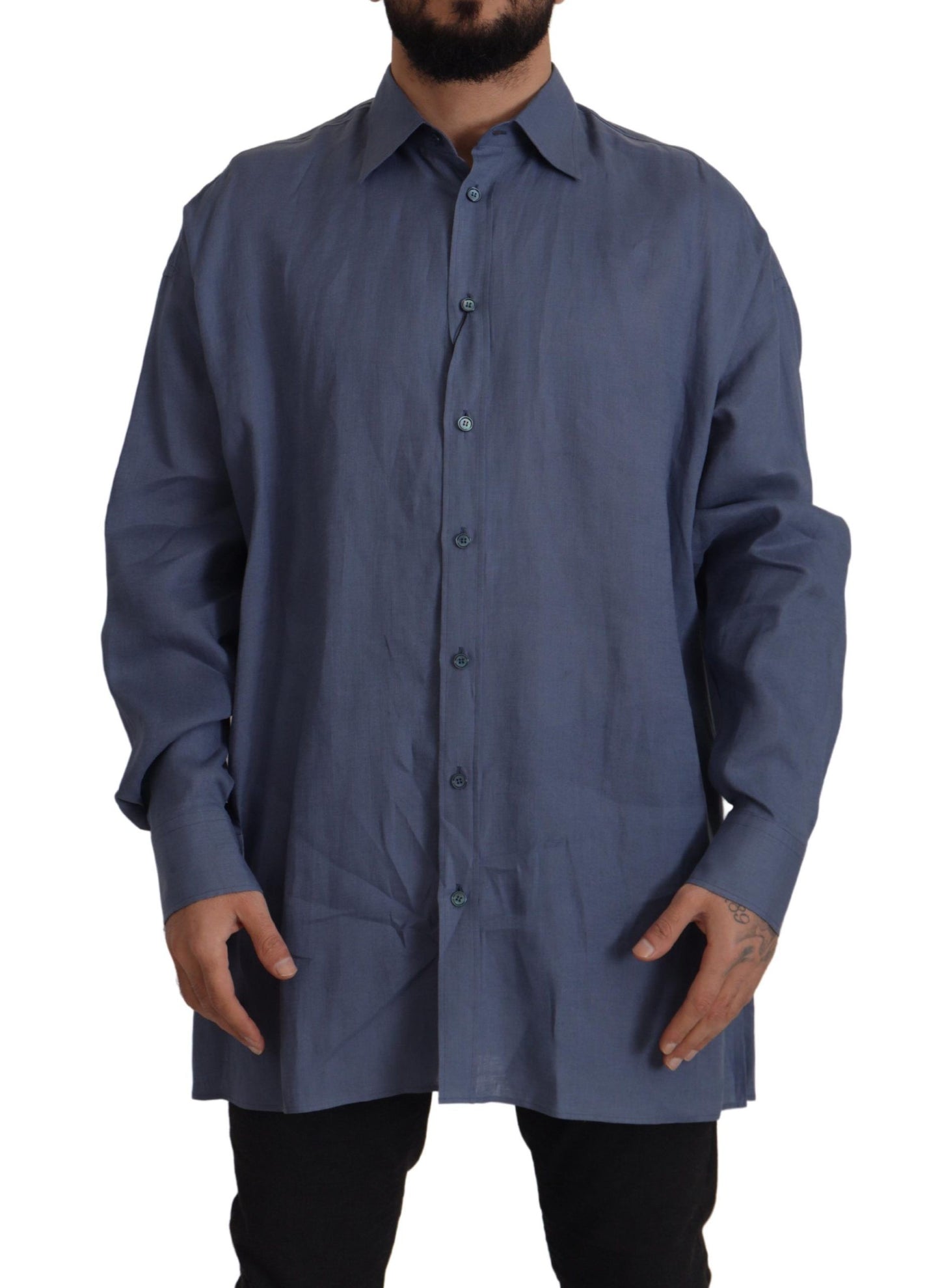 Dolce & Gabbana Elegante Camisa De Vestir De Lino Azul Oscuro