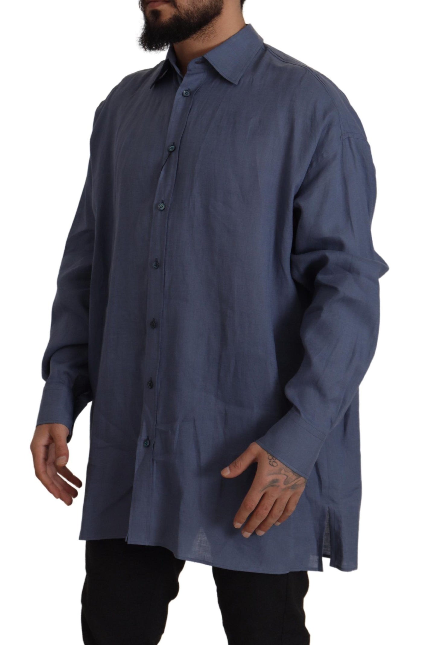 Dolce & Gabbana Elegante Camisa De Vestir De Lino Azul Oscuro