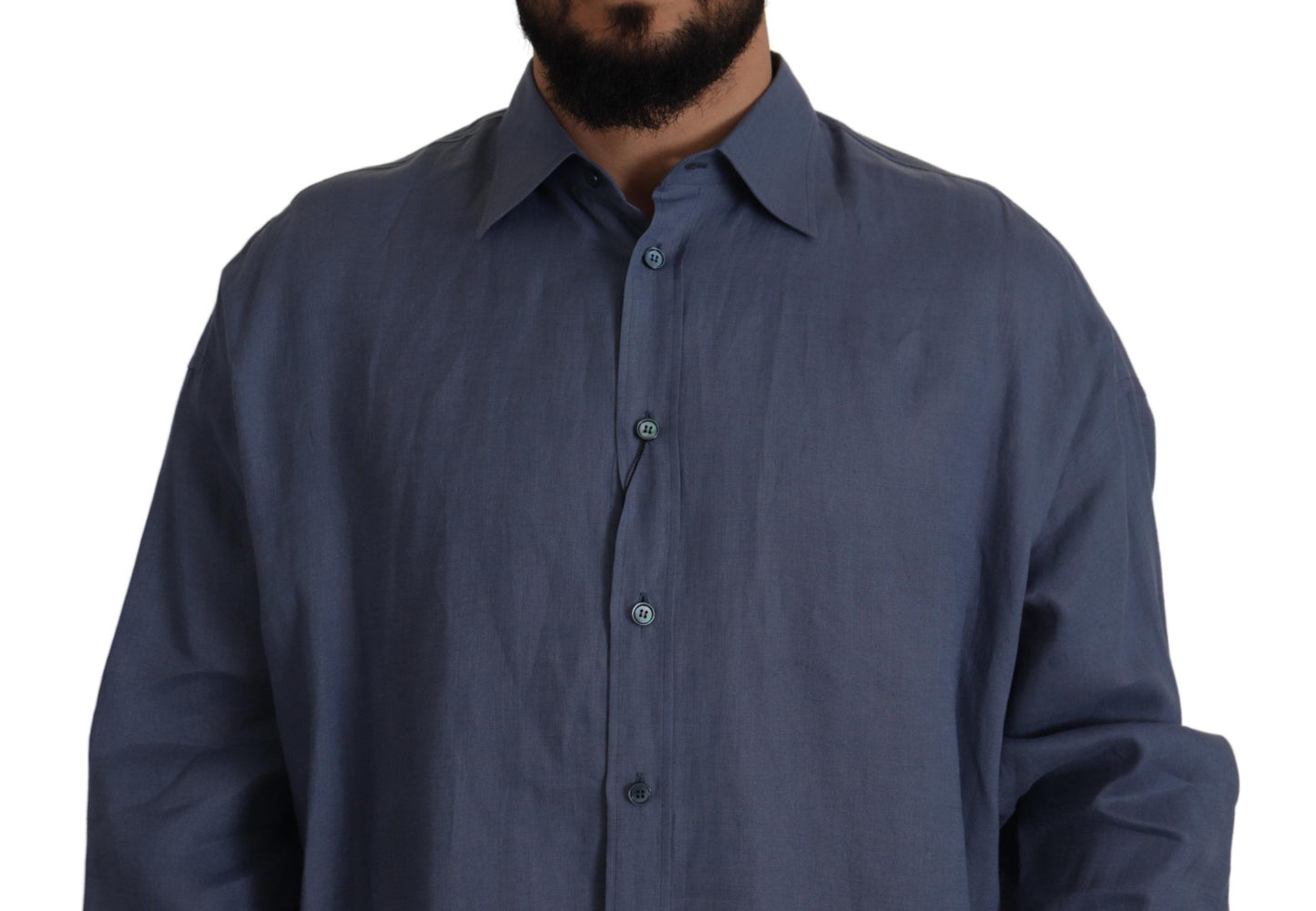 Dolce & Gabbana Elegante Camisa De Vestir De Lino Azul Oscuro