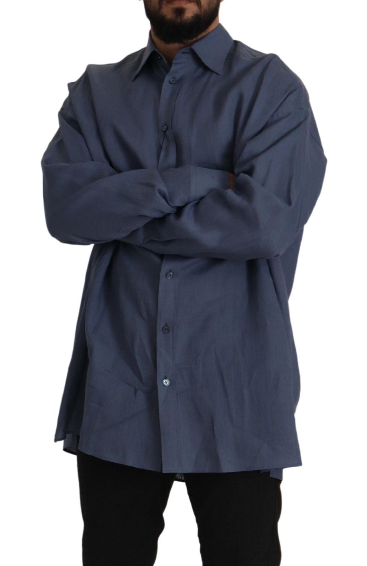 Dolce & Gabbana Elegante Camisa De Vestir De Lino Azul Oscuro