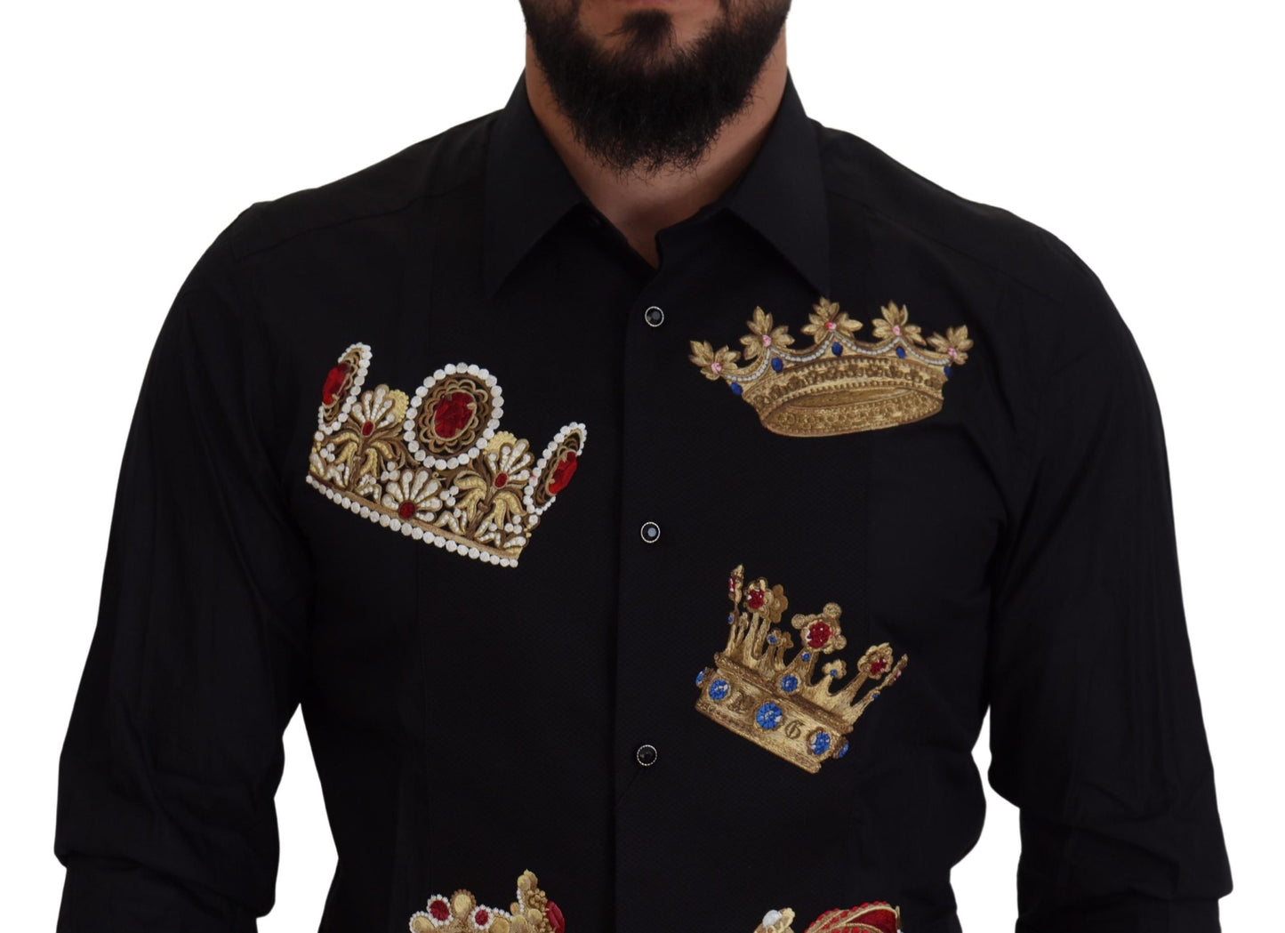 Dolce & Gabbana Elegante camisa de vestir negra slim fit con bordado de corona
