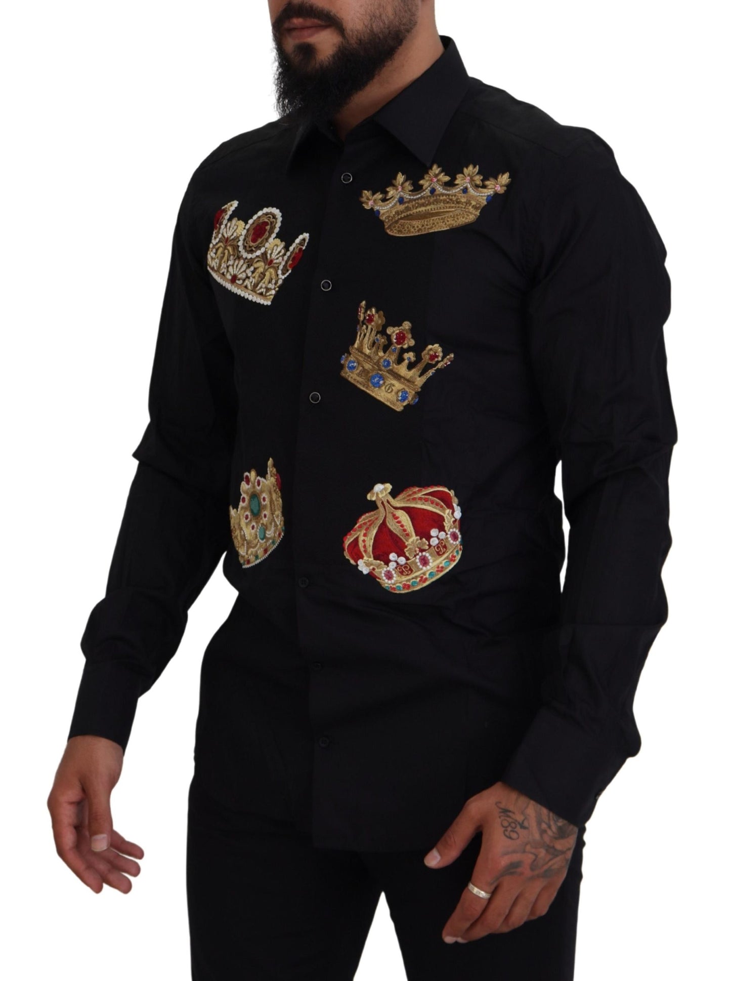 Dolce & Gabbana Elegante camisa de vestir negra slim fit con bordado de corona