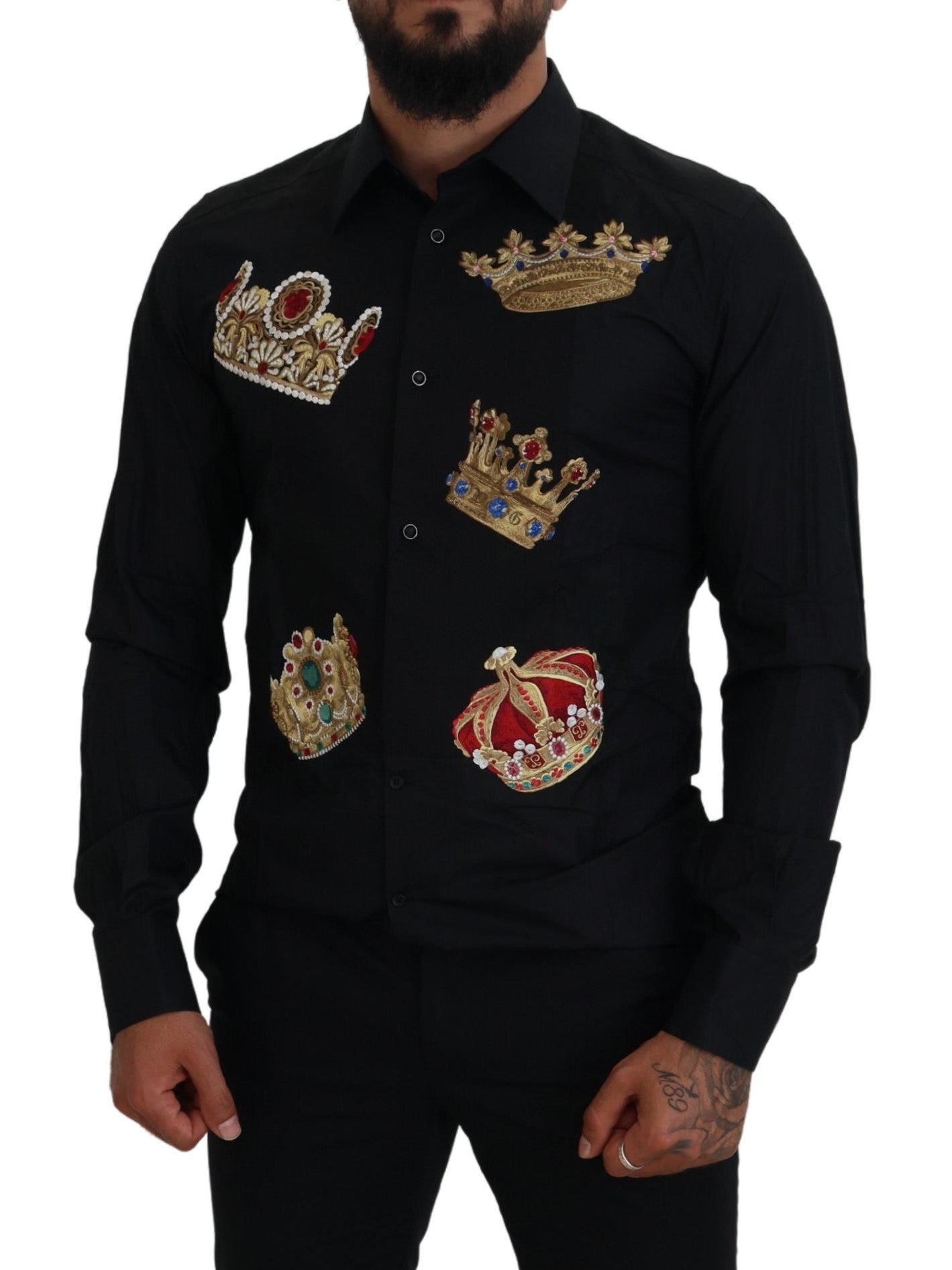 Dolce & Gabbana Elegante camisa de vestir negra slim fit con bordado de corona
