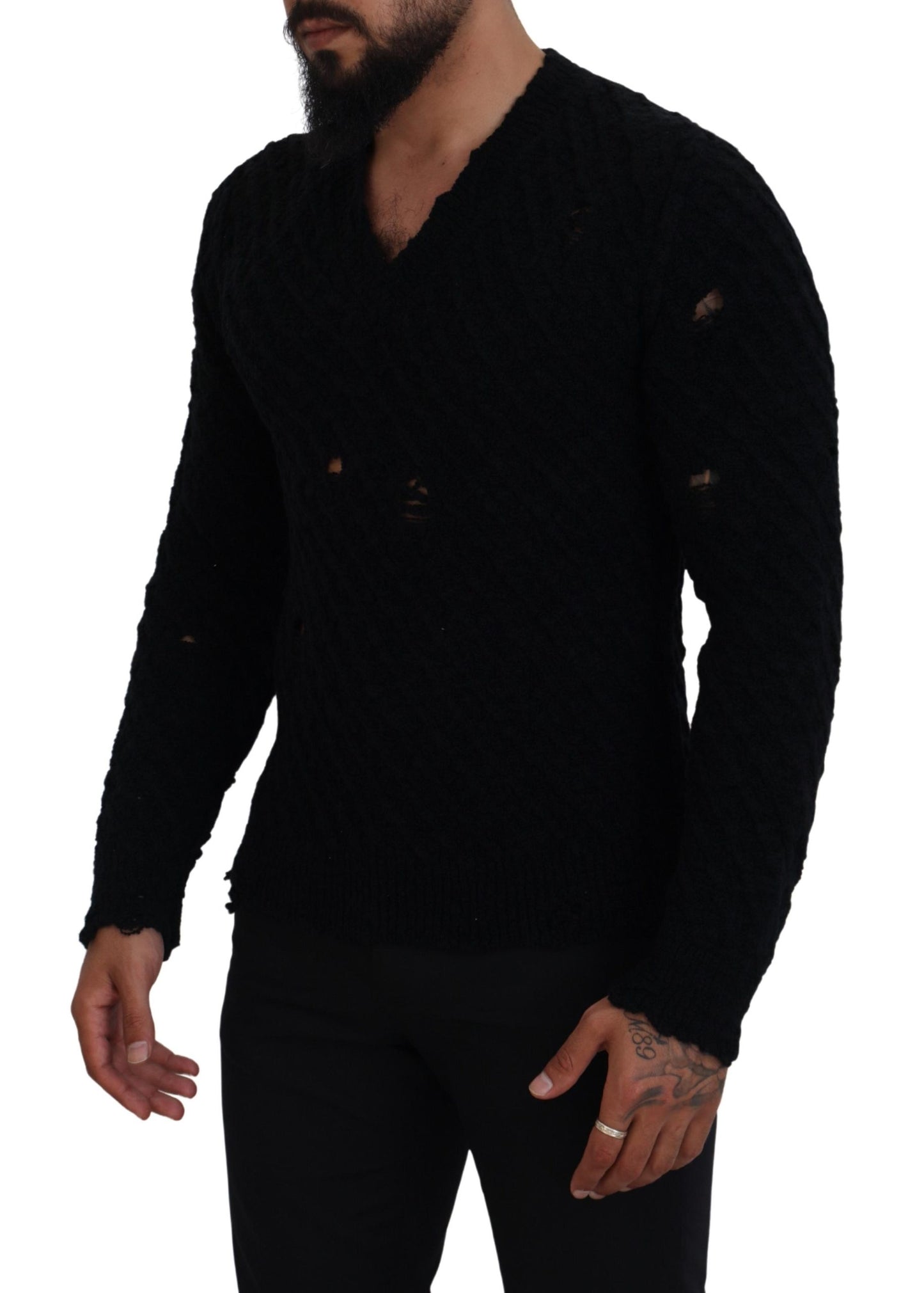 Dolce & Gabbana Elegante jersey negro con cuello de pico en mezcla de lana