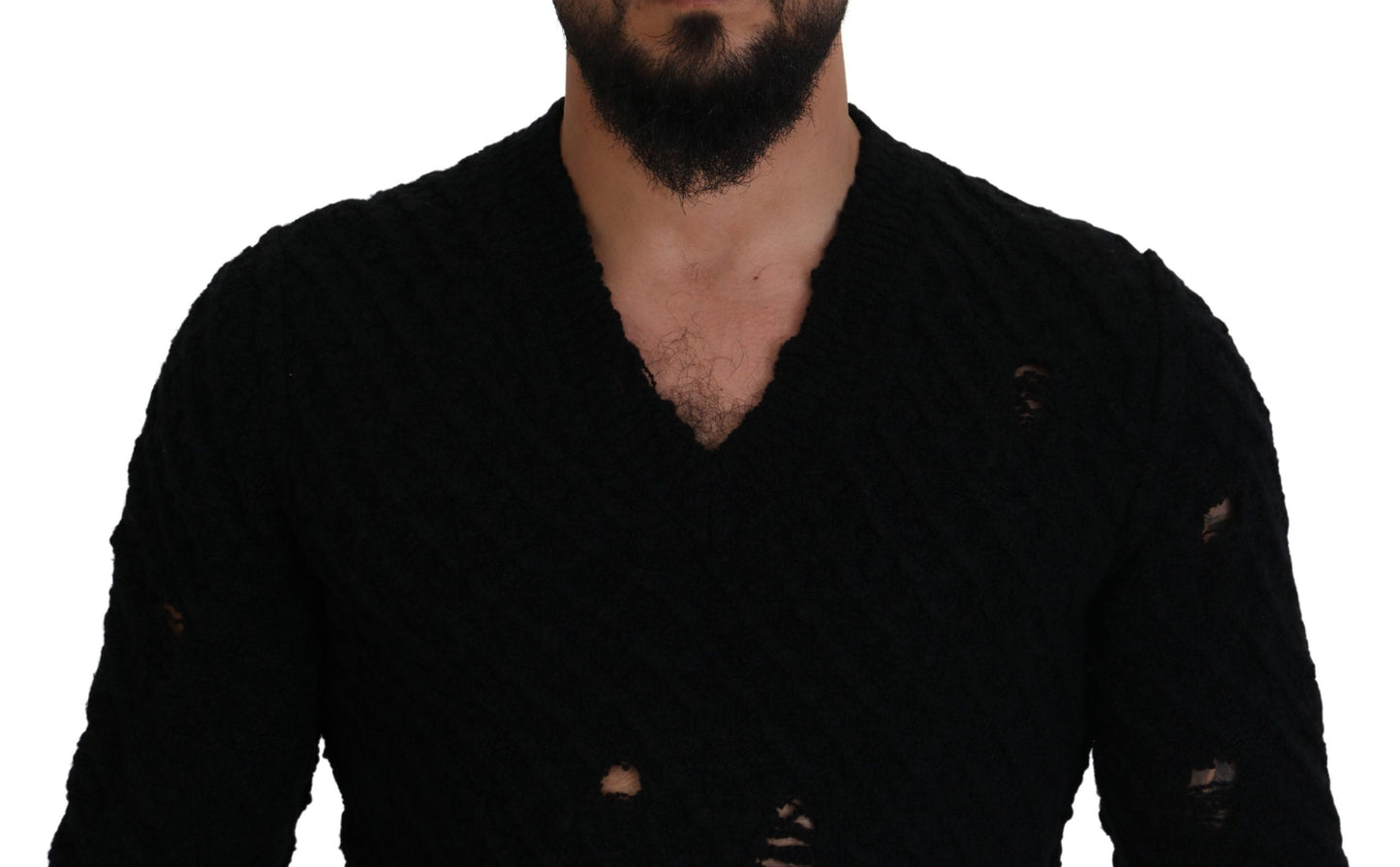 Dolce & Gabbana Elegante jersey negro con cuello de pico en mezcla de lana