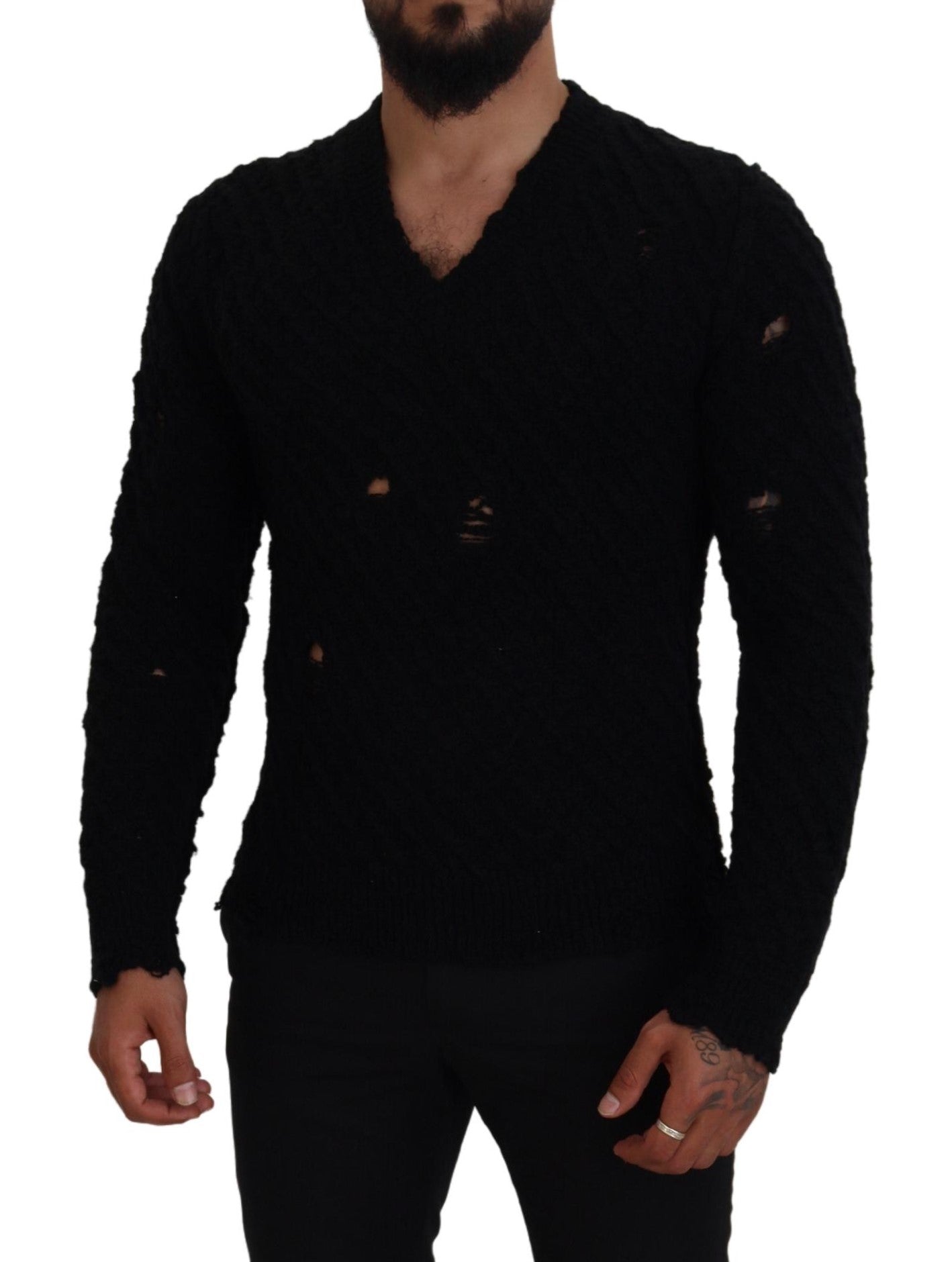 Dolce & Gabbana Elegante jersey negro con cuello de pico en mezcla de lana