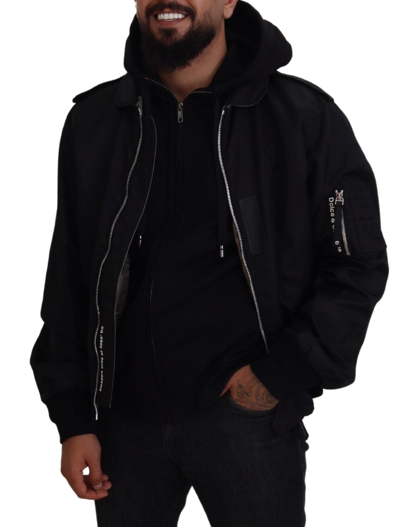 Dolce & Gabbana elegante chaqueta bomber con capucha negra