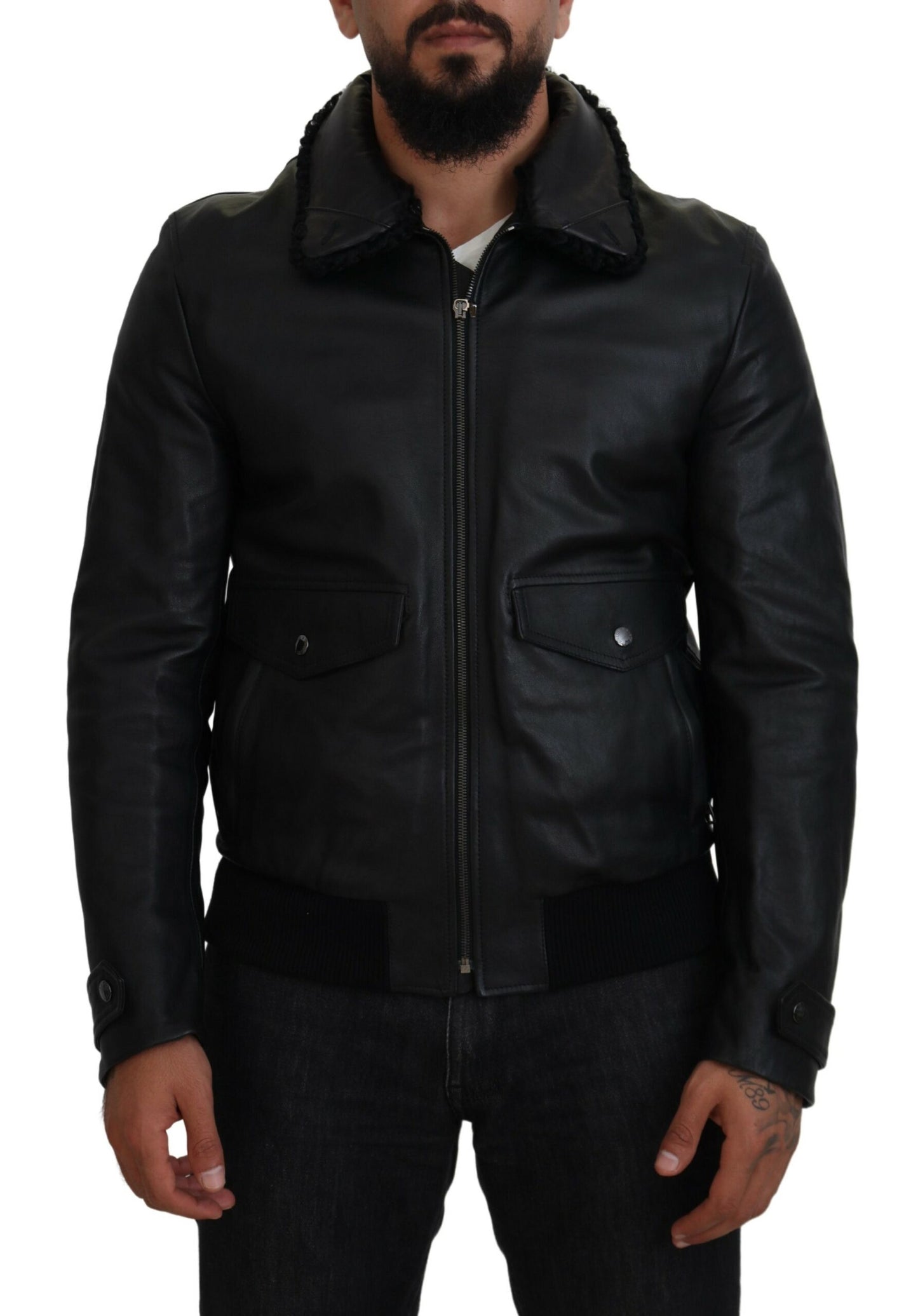Dolce & Gabbana Chaqueta elegante de cuero negro con forro de seda