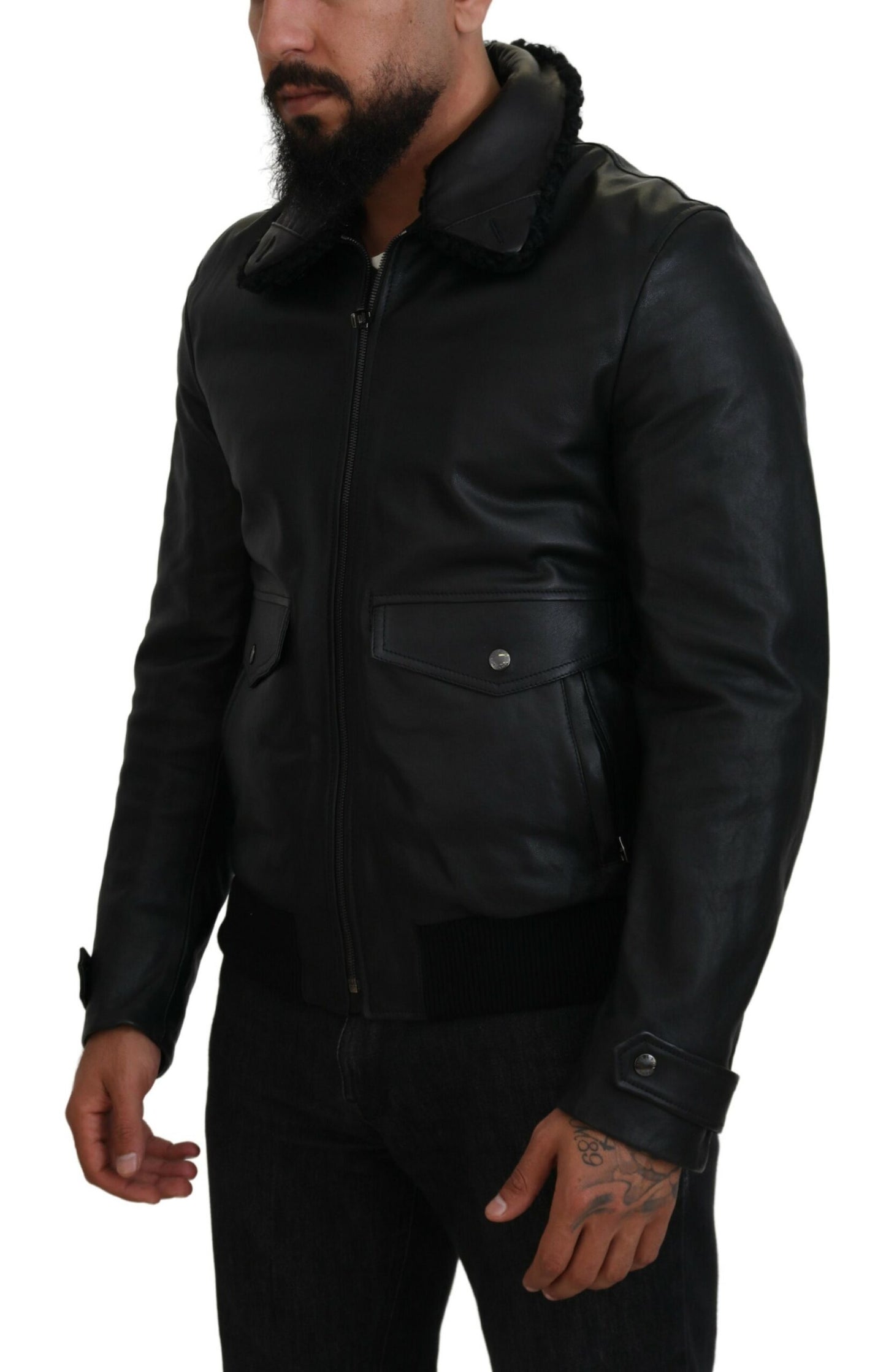 Dolce & Gabbana Chaqueta elegante de cuero negro con forro de seda