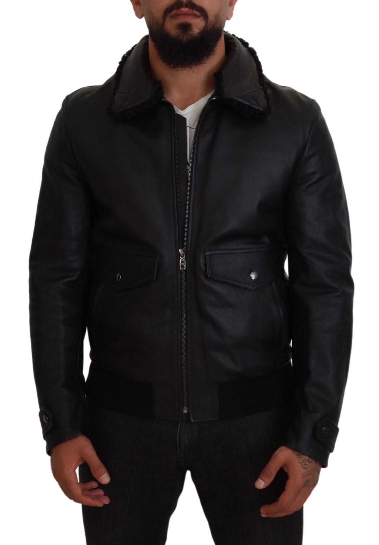 Dolce & Gabbana Chaqueta elegante de cuero negro con forro de seda