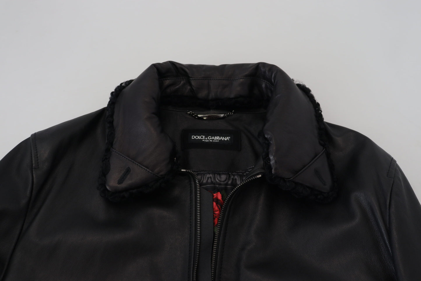 Dolce & Gabbana Chaqueta elegante de cuero negro con forro de seda