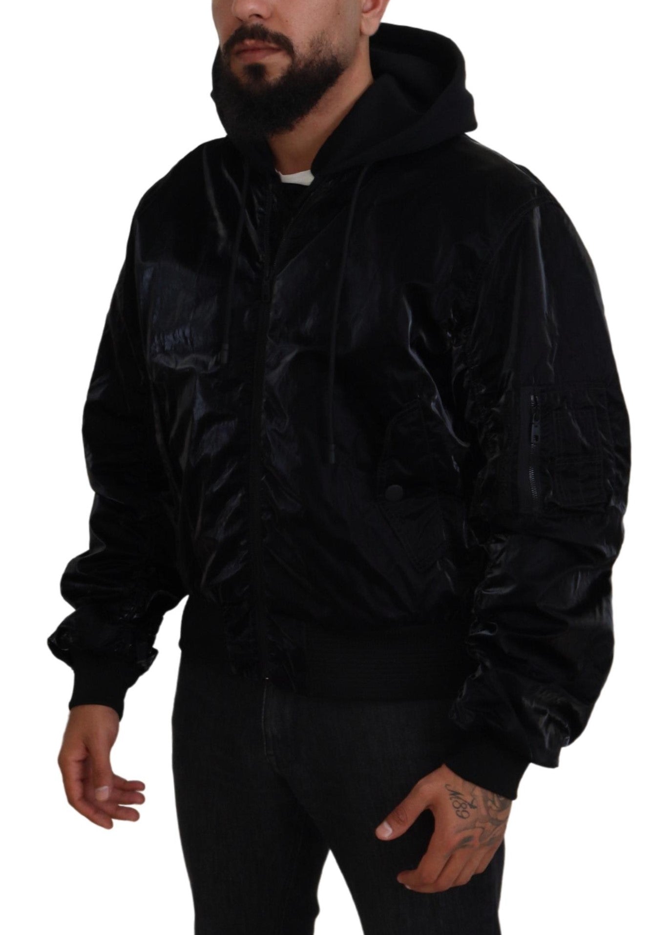 Dolce & Gabbana Elegante chaqueta bomber negra con capucha