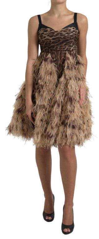 Dolce & Gabbana Vestido sin mangas de gasa de leopardo con plumas de avestruz