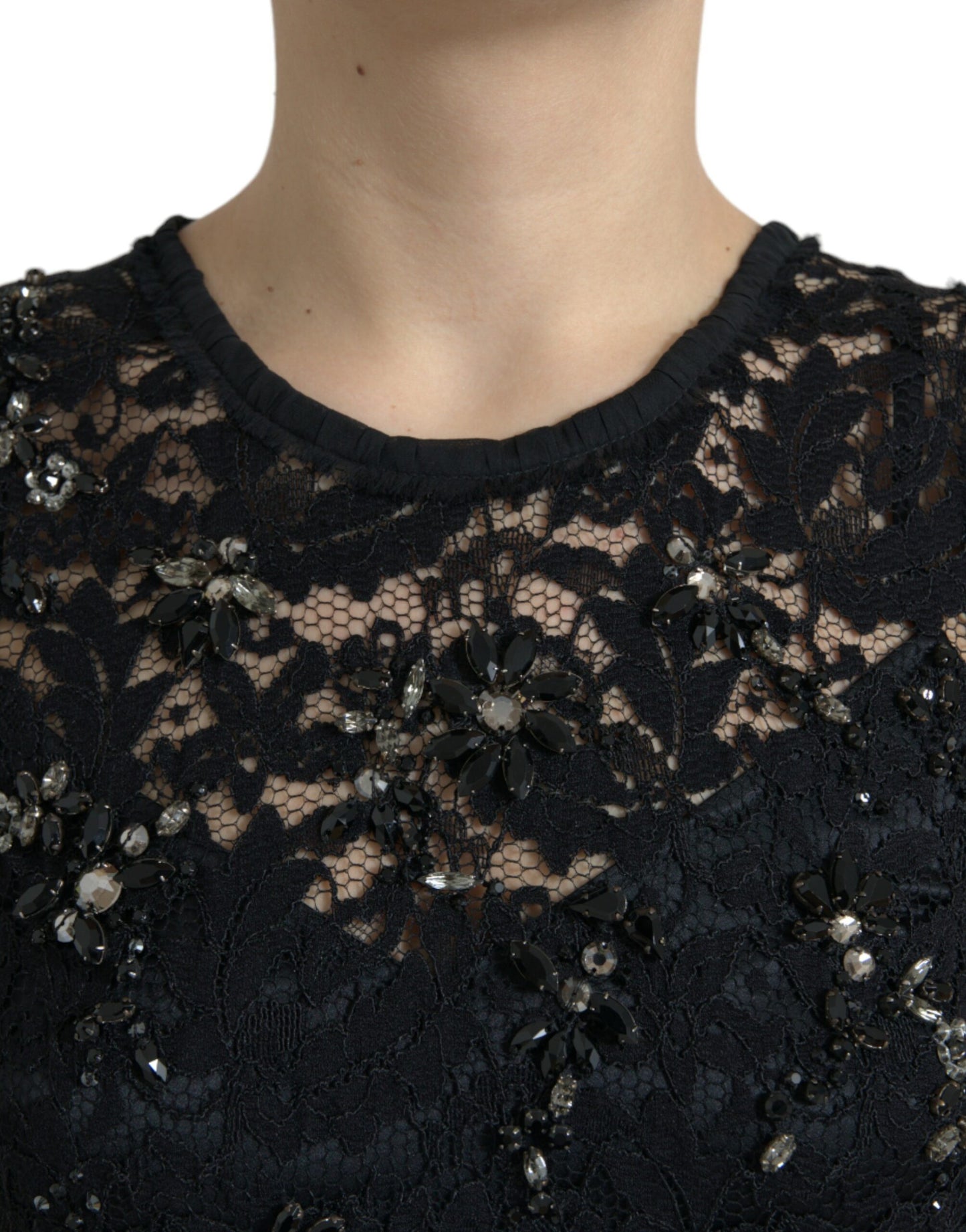 Dolce & Gabbana Exquisito vestido tubo de cristal con encaje floral negro