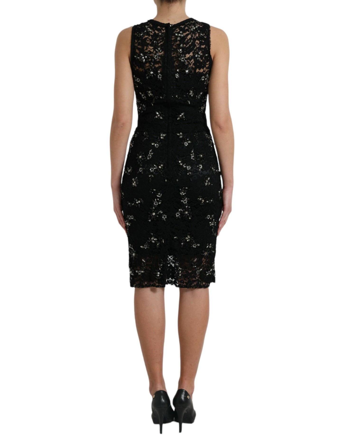 Dolce & Gabbana Exquisito vestido tubo de cristal con encaje floral negro