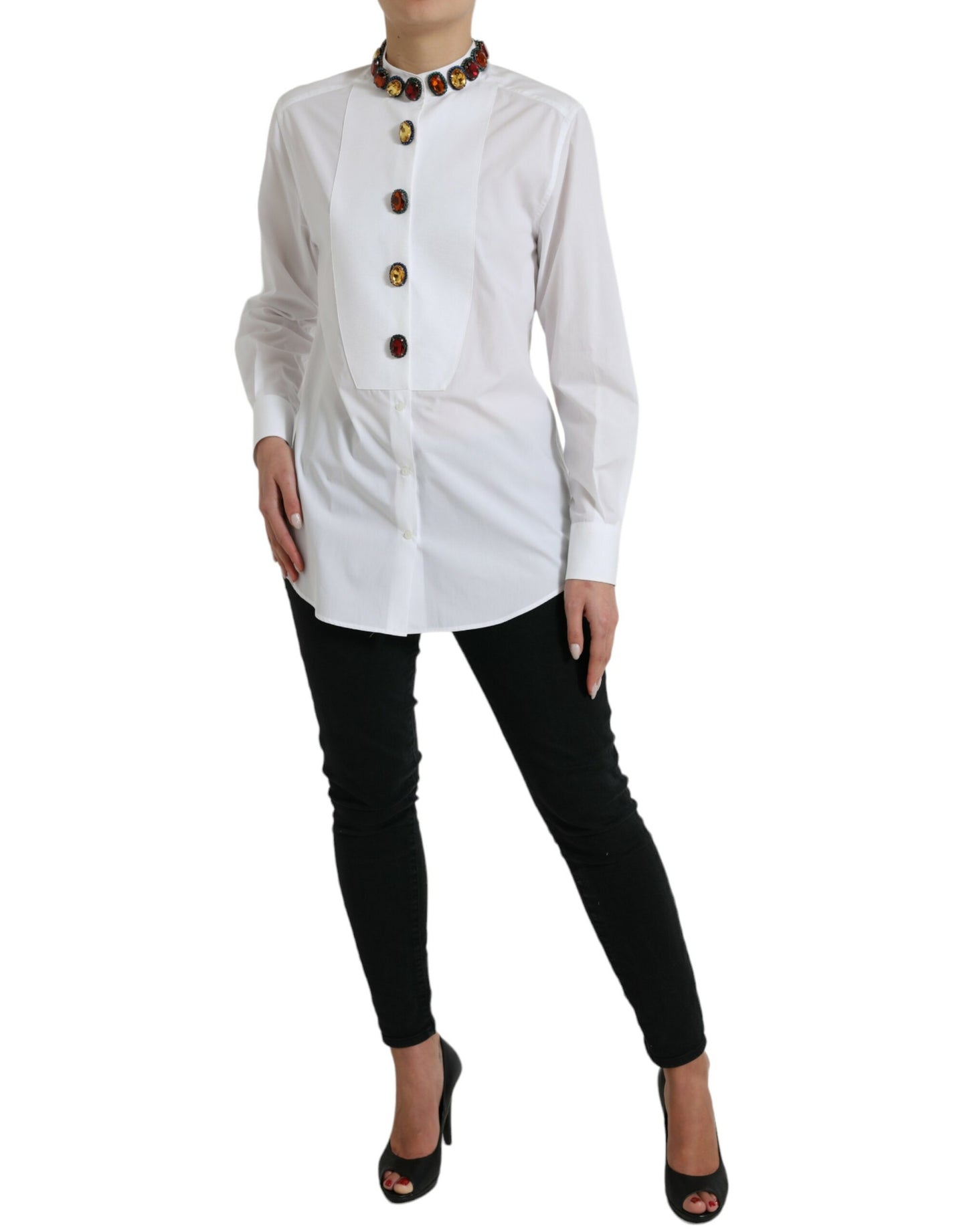 Dolce & Gabbana Elegante top de algodón blanco con adornos de cristales