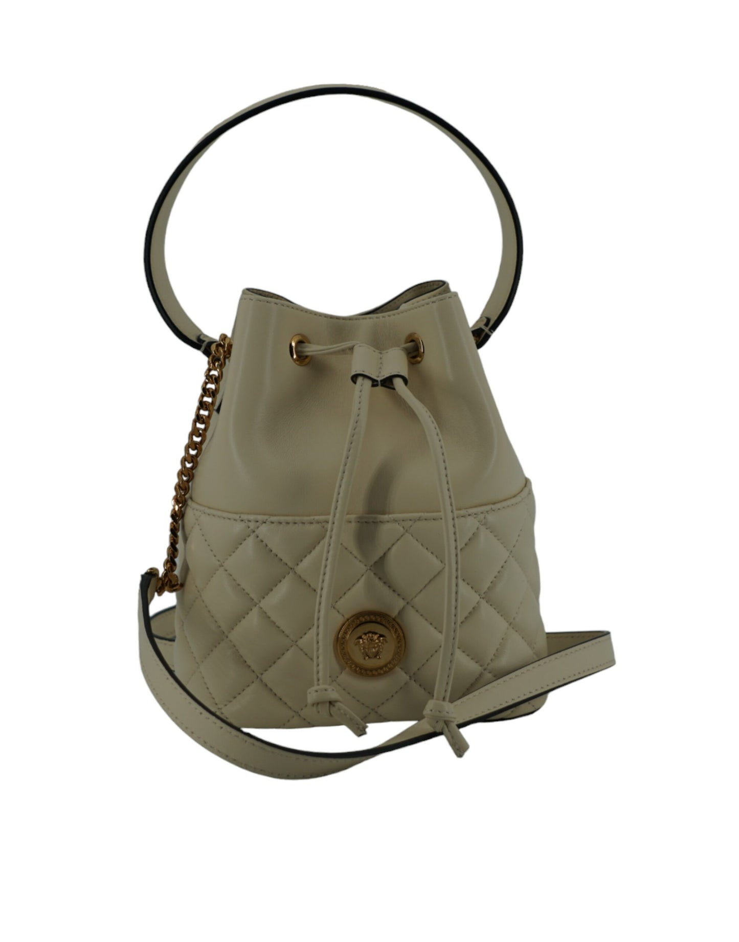 Versace Elegant Small White Leather Bucket Shoulder Bag – par Versace | Disponible sur Sandy Store ByNet