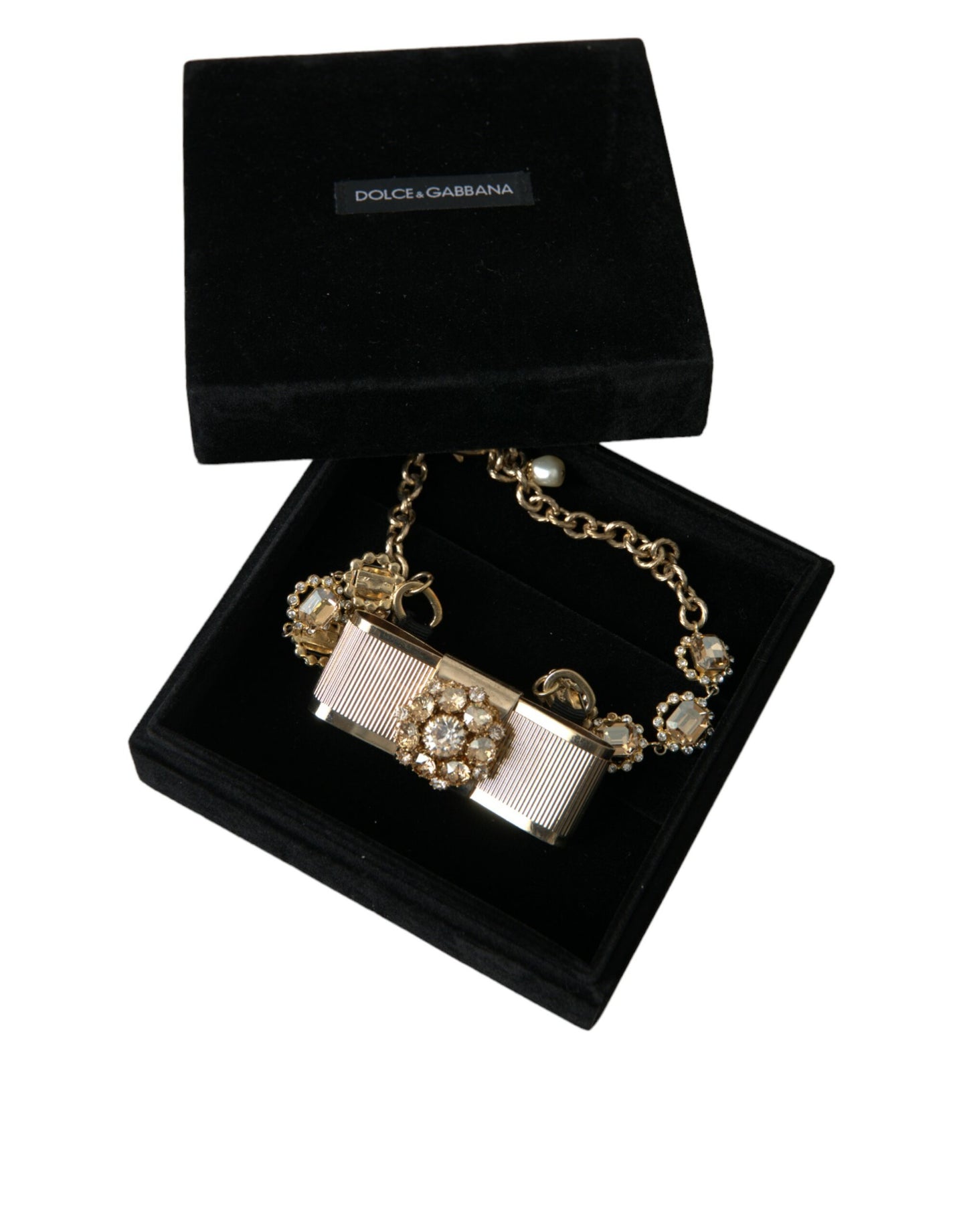 Dolce & Gabbana Gargantilla con cadena y lazo de cristal transparente de latón dorado