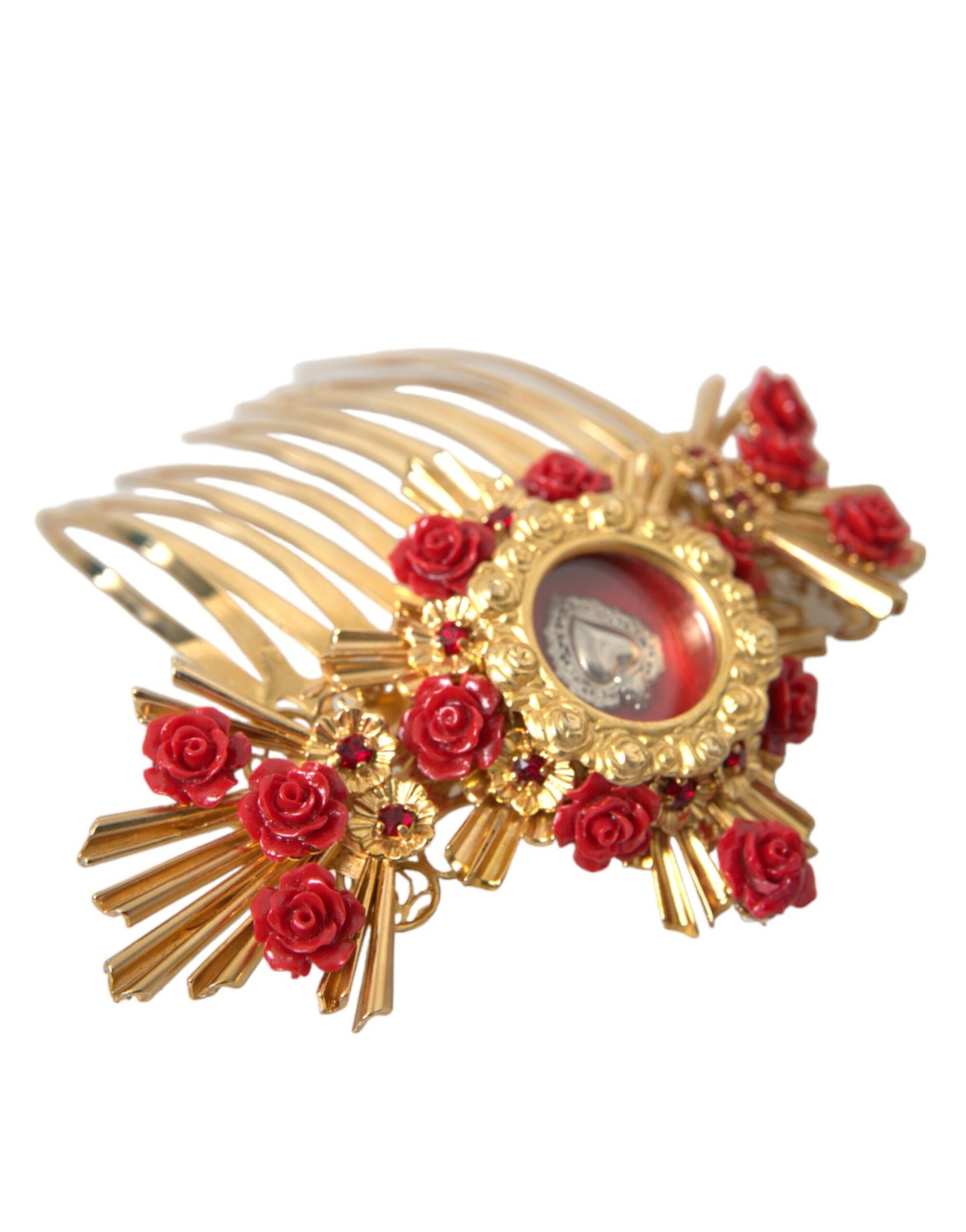 Dolce & Gabbana Peineta floral con corazón de cristal y latón dorado