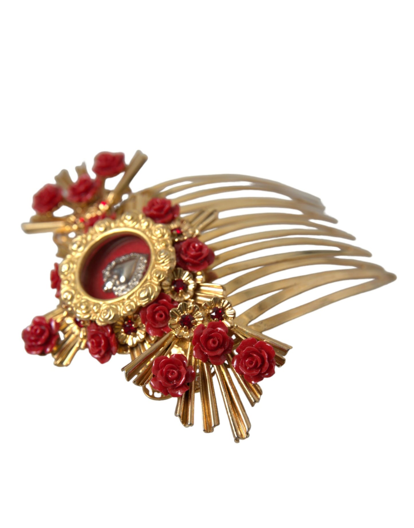 Dolce & Gabbana Peineta floral con corazón de cristal y latón dorado