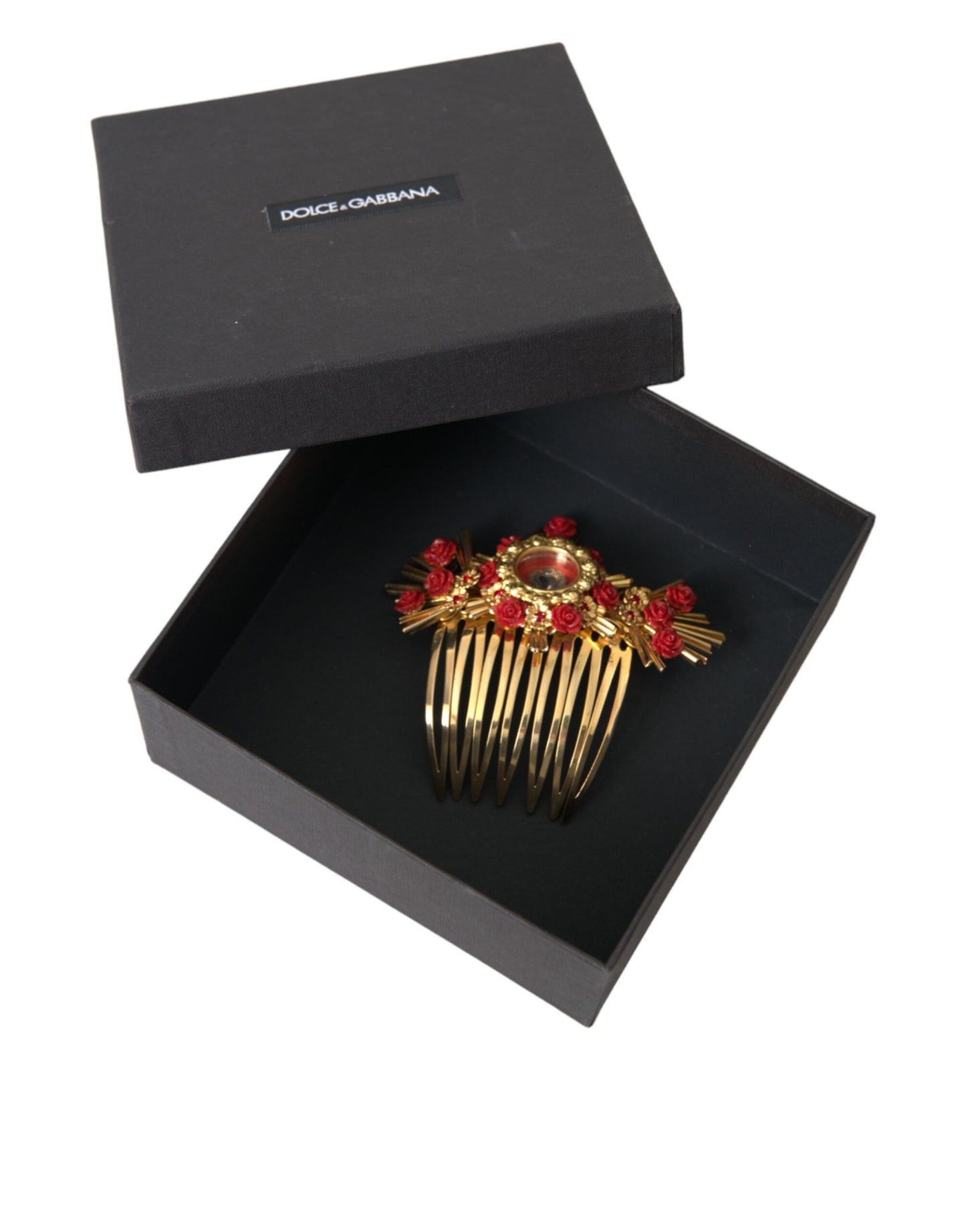 Dolce & Gabbana Peineta floral con corazón de cristal y latón dorado