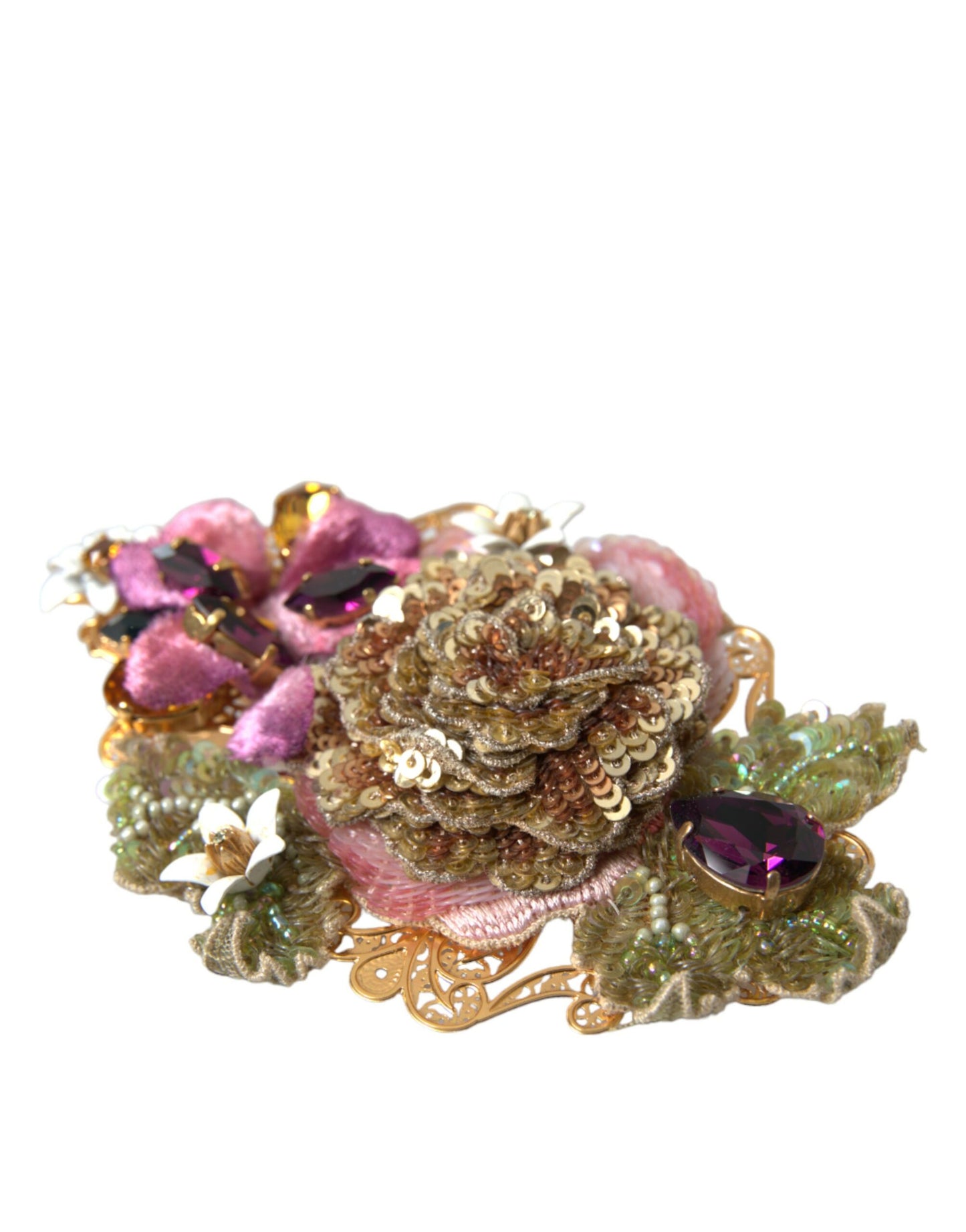 Dolce & Gabbana Pasador para el pelo con lentejuelas y cristales florales de latón dorado